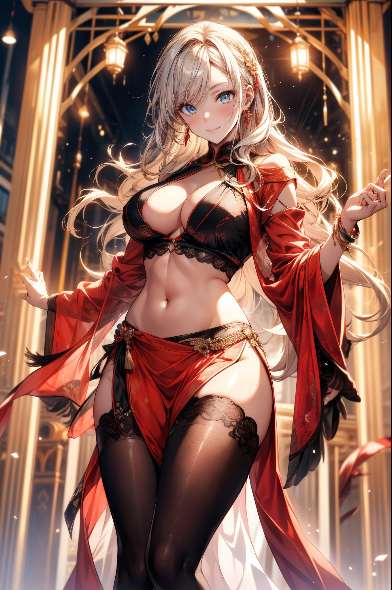 ((Ultra high resolution, 8K RAW photo, super realistics)), ((correct anatomy:1.5)), dancing Oppai gal, swinging boobs, stepping hard, leg up, long wavy hair, silver hair, crimson mesh hair, floating hair, fluttering hair, (high detailed face, super detailed eye), (sfw:1.25), belly dance, Arabian, delicate detailed clothes and accessories, see-through clothes, mesh robe, great festival show, special altar, sexy dance, leaning backward, showing off crotch, looking at viewer, sexy smile, dutch angle, from below, floating extra see-through clothes, in front of temple, splash, bokeh, extra floating see-through clothes,