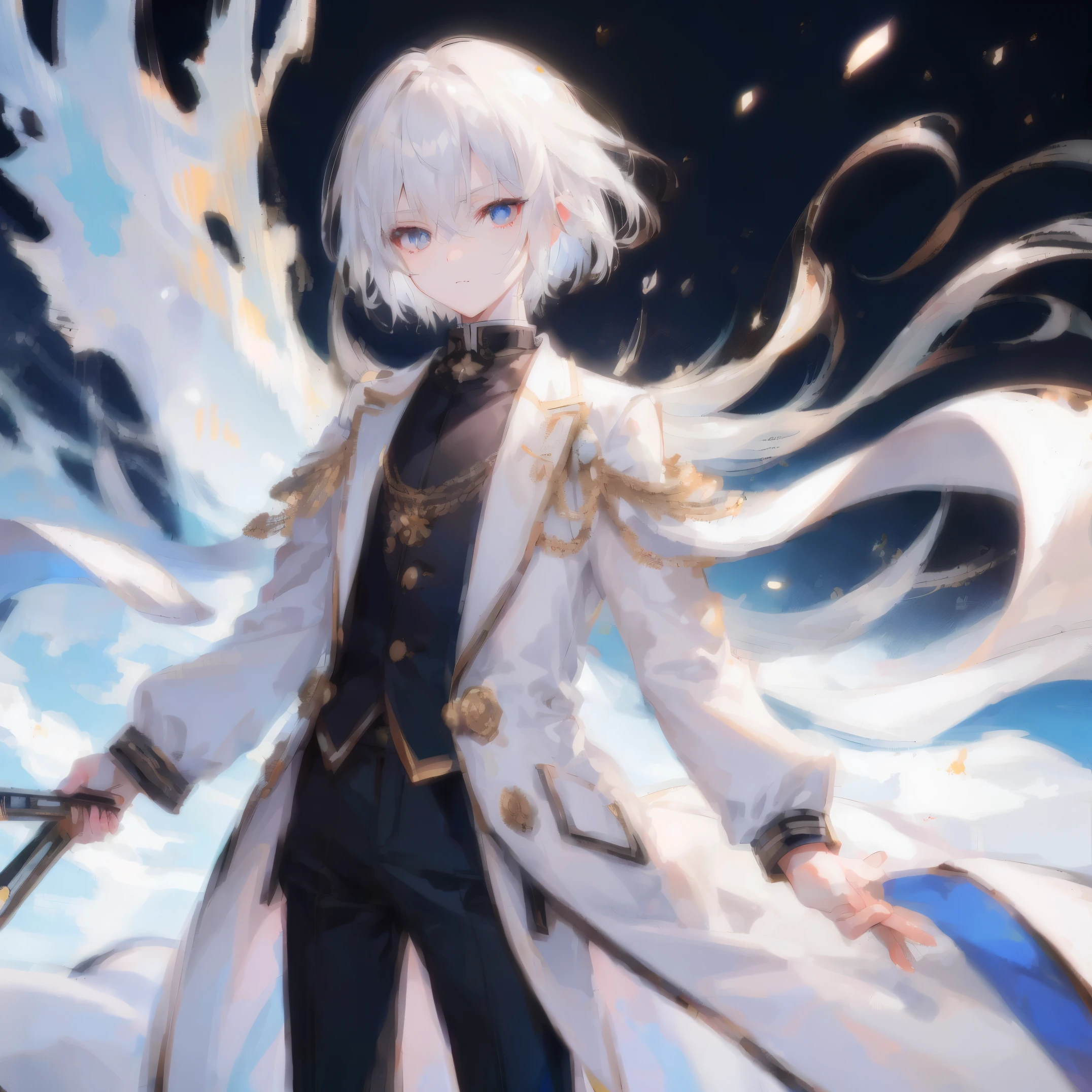 1boy, Extremely detailed, Realistic, masutepiece, High resolution, tall, slender, Sharp face, Sharp eyes, White coat, short white hair, white ghostly eyes, Black shirt, White pants, in woods, cold stare, Looking at Viewer, Dagger in hand