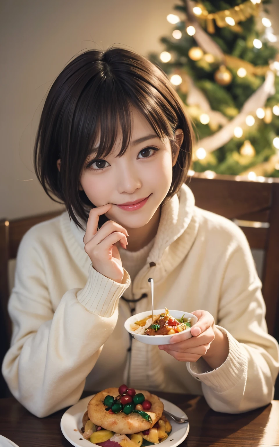 Female college student wearing cute winter clothes、Shortcut Hair、Enjoy a delicious dinner on a warm Christmas night。Around her、Dining table with sparkling Christmas decorations.、Candlelight creates a warm atmosphere。Smiling college girl、It depicts a person holding a fork and eating a special Christmas meal.。.。The scent of dinner and the cold of winter mix together.、Enjoy your time。