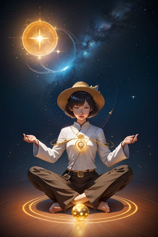 Female , 18, Well defined, Light brown bob cut hair, skepticism, mystical meditation, Cross-legged, enter a meditative state for magic, Wearing DeepPlum straight leg pants, Scalloped herringbone asymmetric hem top, , Hat Bell, and and beam (flowing,dot線,Parallels,colloid,charmed,charmed,魅惑的,hemisphere,circle ,The magic of Gestalt principles:1.3), Connect with the spirits of the land, become one with nature, enchanting shine