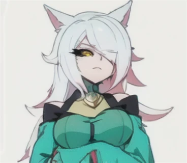 Cartoon drawing of a woman with white hair and a green sweater, [[[[sonriendo malvado]]]], Hembra Fursona, Chica de anime con cabello verde azulado, Anime Catgirl, Fursona!!!!, zorro blanco de pelo, Holo es una chica lobo, Fursona con ropa elegante, Chica anime con orejas de gato, en un estilo anime, unknown artstyle