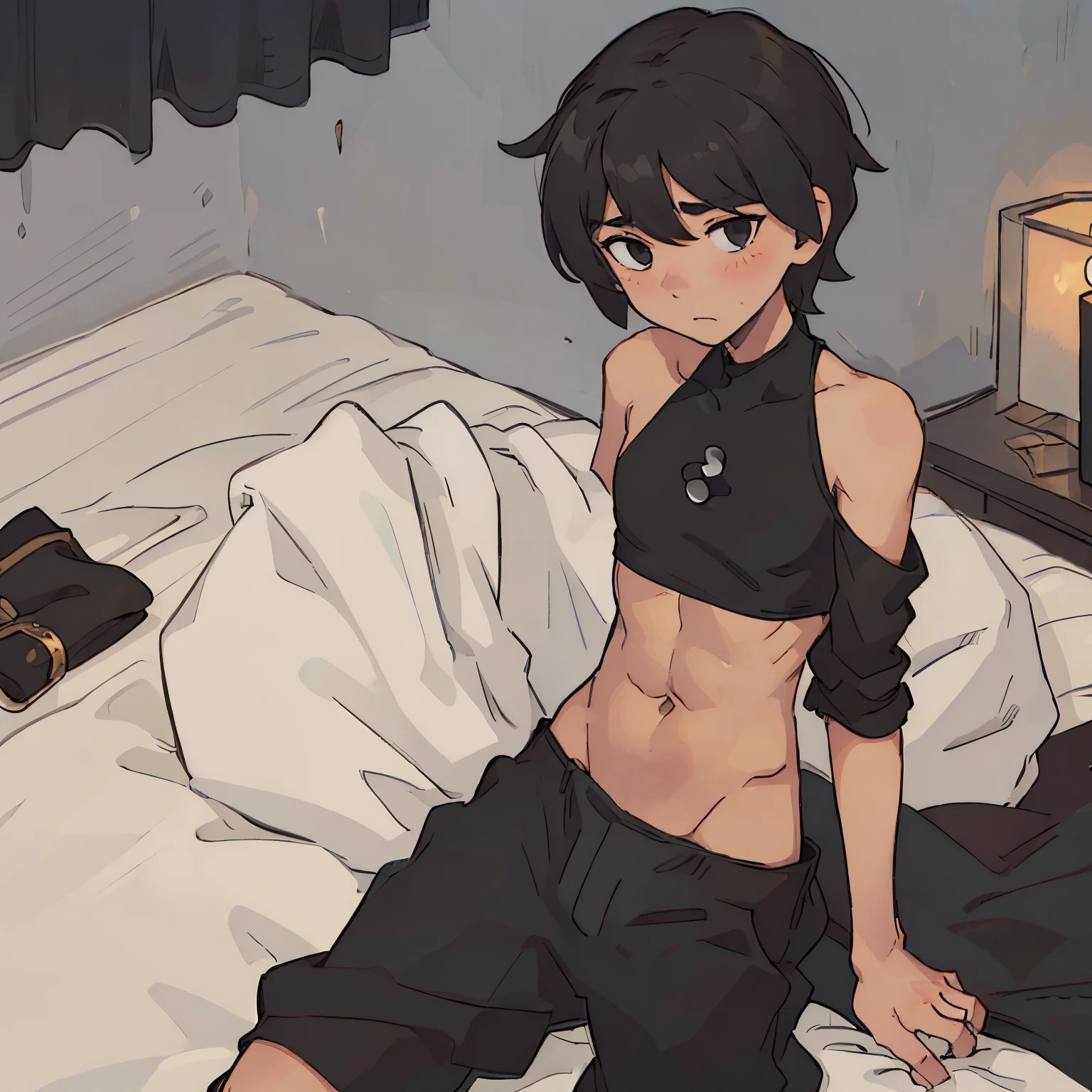 A boy with a shy face. has black–short hair. Black eyes. A black crop top. Light Toned abs. Stroking his with his hand on his bed. No pants.
