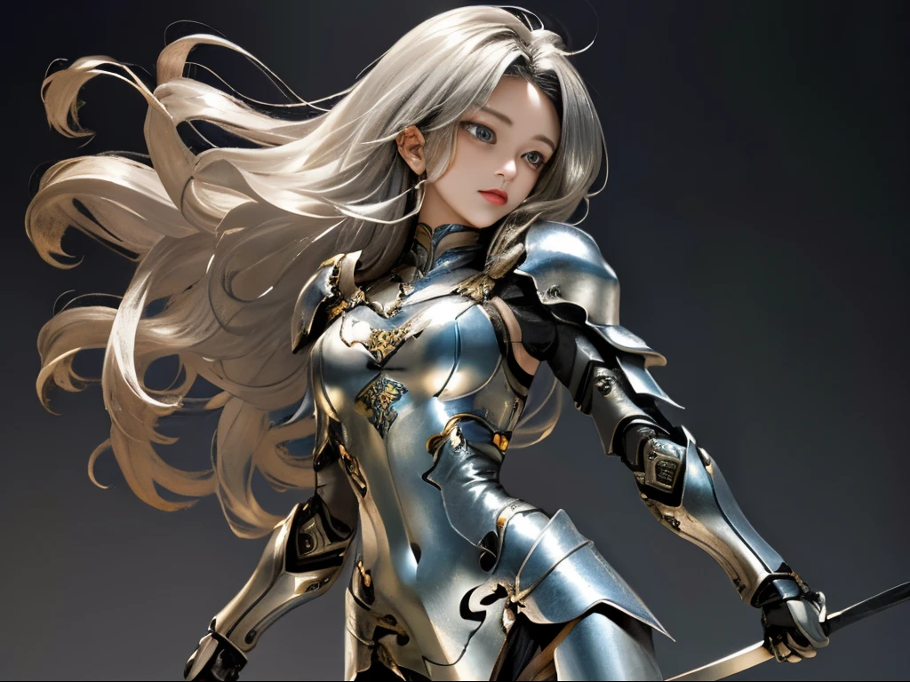 woman with long curly silver hair、Beautuful Women、Super small breasts、Super slender body、Brace yourself to start running、wearing white metal armor、