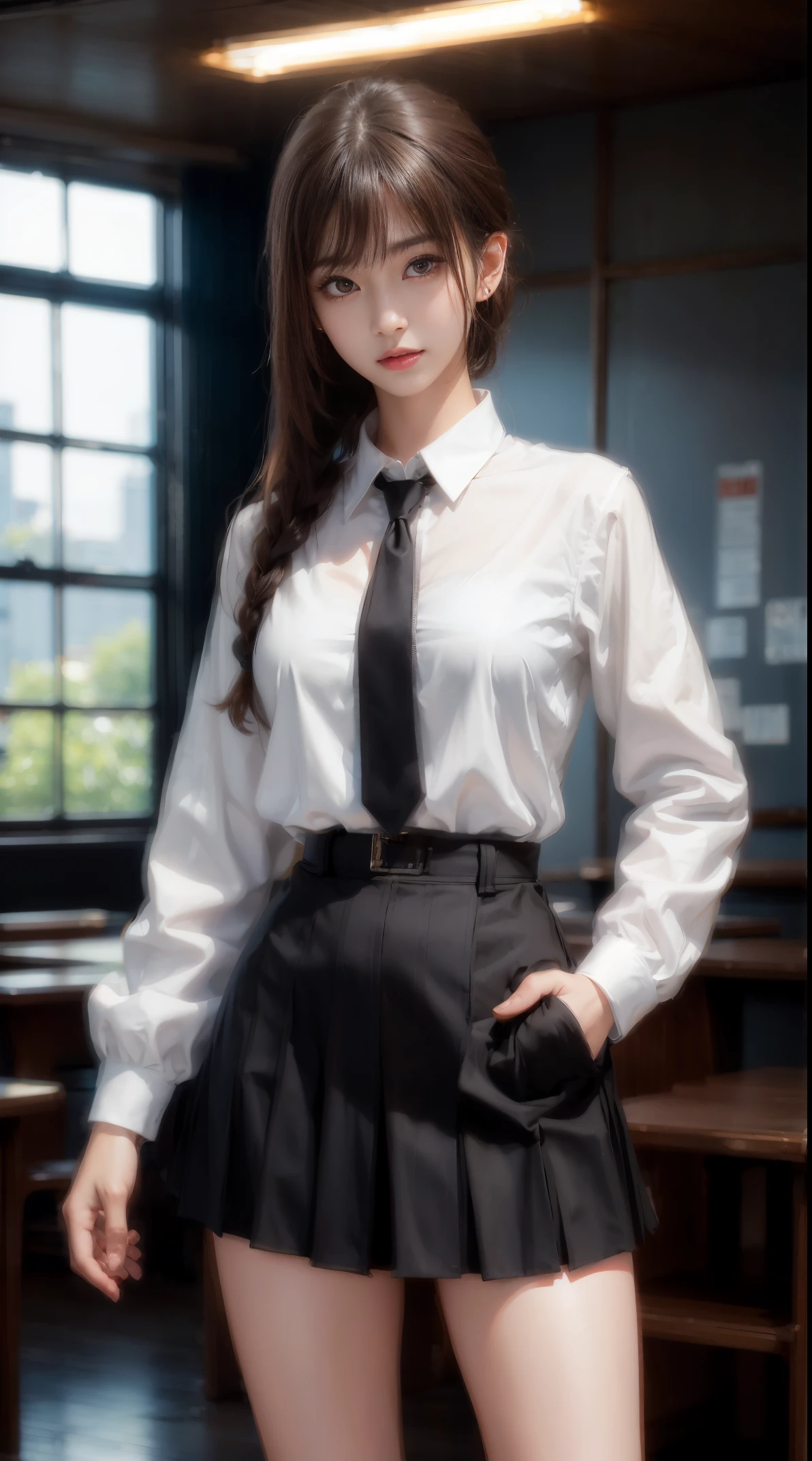 masutepiece, 1 beautiful woman, Detailed eyes, Swollen eyes, of the highest quality, Ultra High Resolution, (Real: 1.4), Film Lighting, Japanese, Beautiful skin, slender, Body Looking Forward, (A hyper-realistic), (High resolution), (8K), (ultra-detailliert), Detailed face, Lighting is Bright, Professional Lighting, coffee shop, cafes, rain outside window, facing front, Black eyeball, White blouse, School yard, High School Girl, School uniform, Short skirt, 18 years old, futuristic school building,