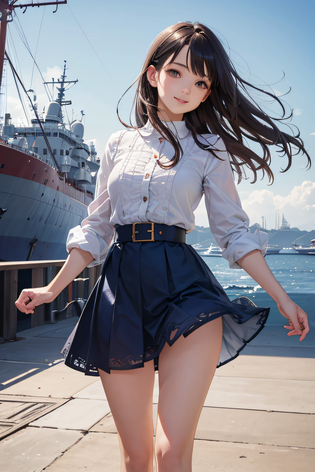 Very cute and beautiful girl,(very detailed beautiful face and eyes:1.2),Smile,(Cowboy Shot),
navy blue ruffle dress,Walking,Dynamic Pose,(Detailed legs,Mini skirt:0.9),
Dynamic Angle,Black hair,(rose garden),naval port,warship in the distance,
(Best Quality,masutepiece:1.2),(Intricate details:1.2),hight resolution,Extremely detailed,
Solo,Natural lighting,Hair fluttering in the wind,Beautiful detailed sky,(Realistic),