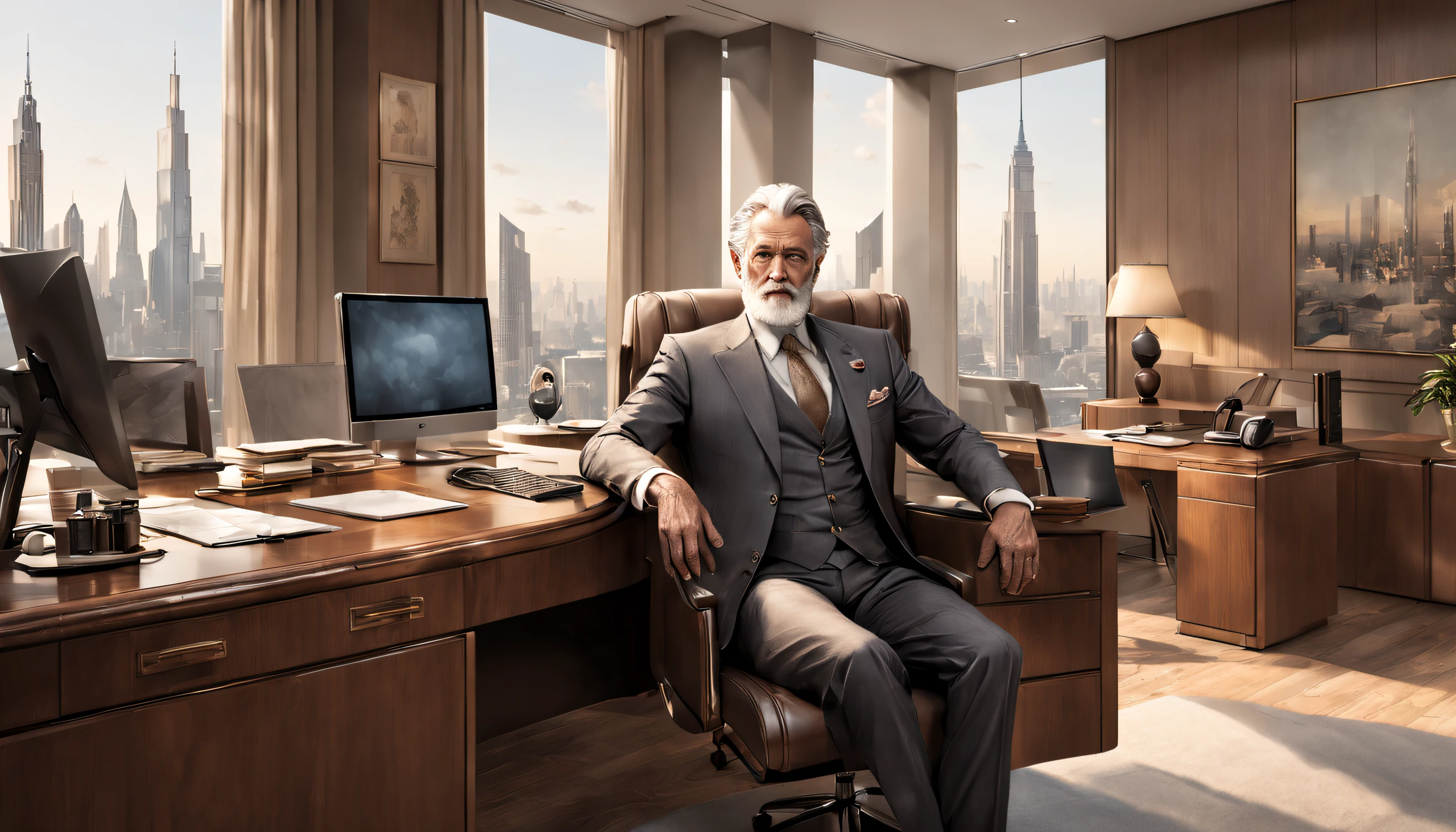 A master called (((Azok))) ,old, strong, bearded, grey suit, detailed face, gray hair and beard, intense gaze, commanding presence, wise expression, wrinkled skin, textured aging, confident posture, firm stance sitting in an expensive, elegant office with floor-to-ceiling windows that overlook a stunning city skyline, casting a soft golden glow into the room. The office is furnished with luxurious leather furniture, a large oak desk, and intricate artwork adorning the walls.