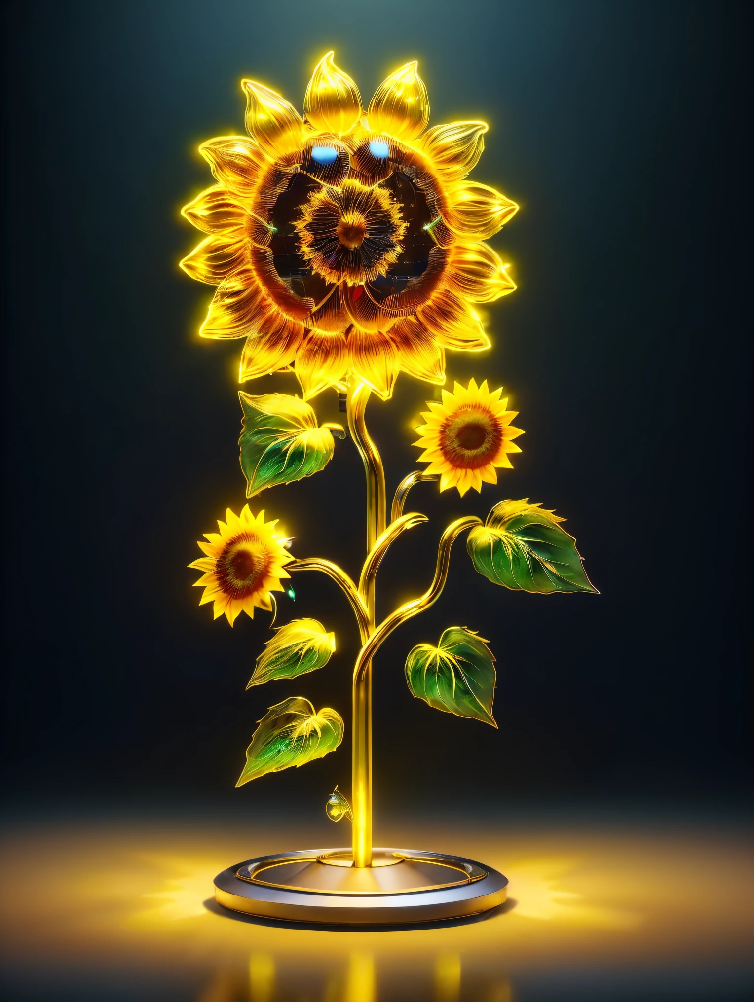 (((1 transparent luminous sunflower made of mechanical metal, metal petals, mechanical stamens, metal branches and leaves)))，8k，Irridescent color，kawaii，adolable，themoon，starlights，small garden background，number art，high high quality，highly  detailed, Mechanical fish