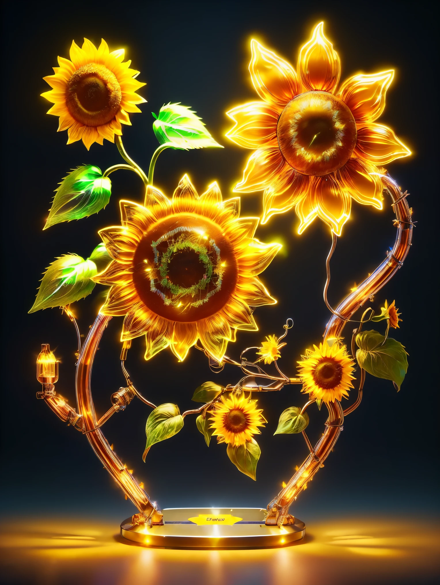 (((1 transparent luminous sunflower made of mechanical metal, metal petals, mechanical stamens, metal branches and leaves)))，8k，Irridescent color，kawaii，adolable，number art，high high quality，highly  detailed, Mechanical fish