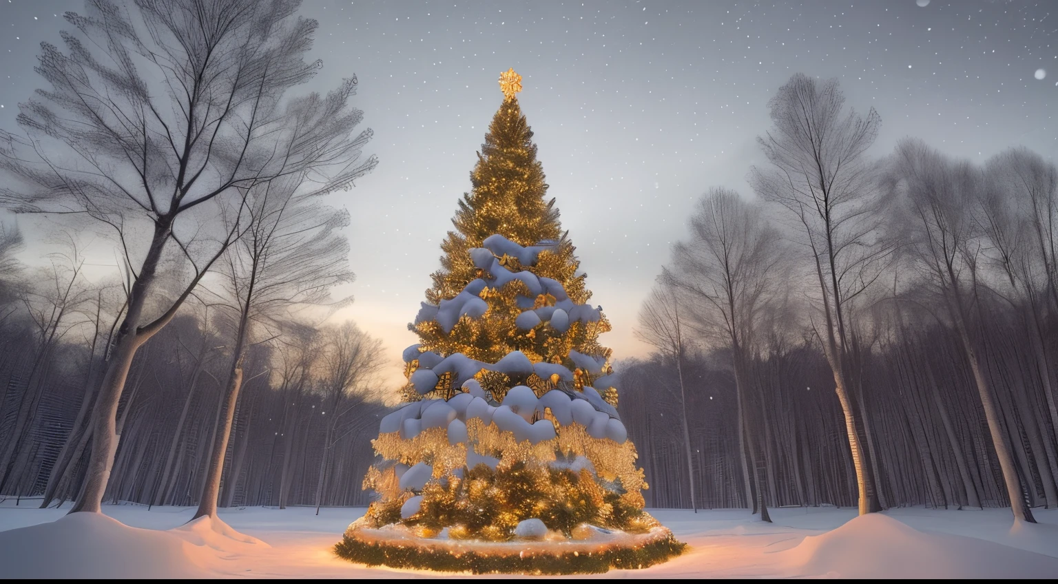 (Top Quality), (clear image), beautiful Christmas tree in the forest, holiday, it's evening outside, It's snowing, very extremely beautiful