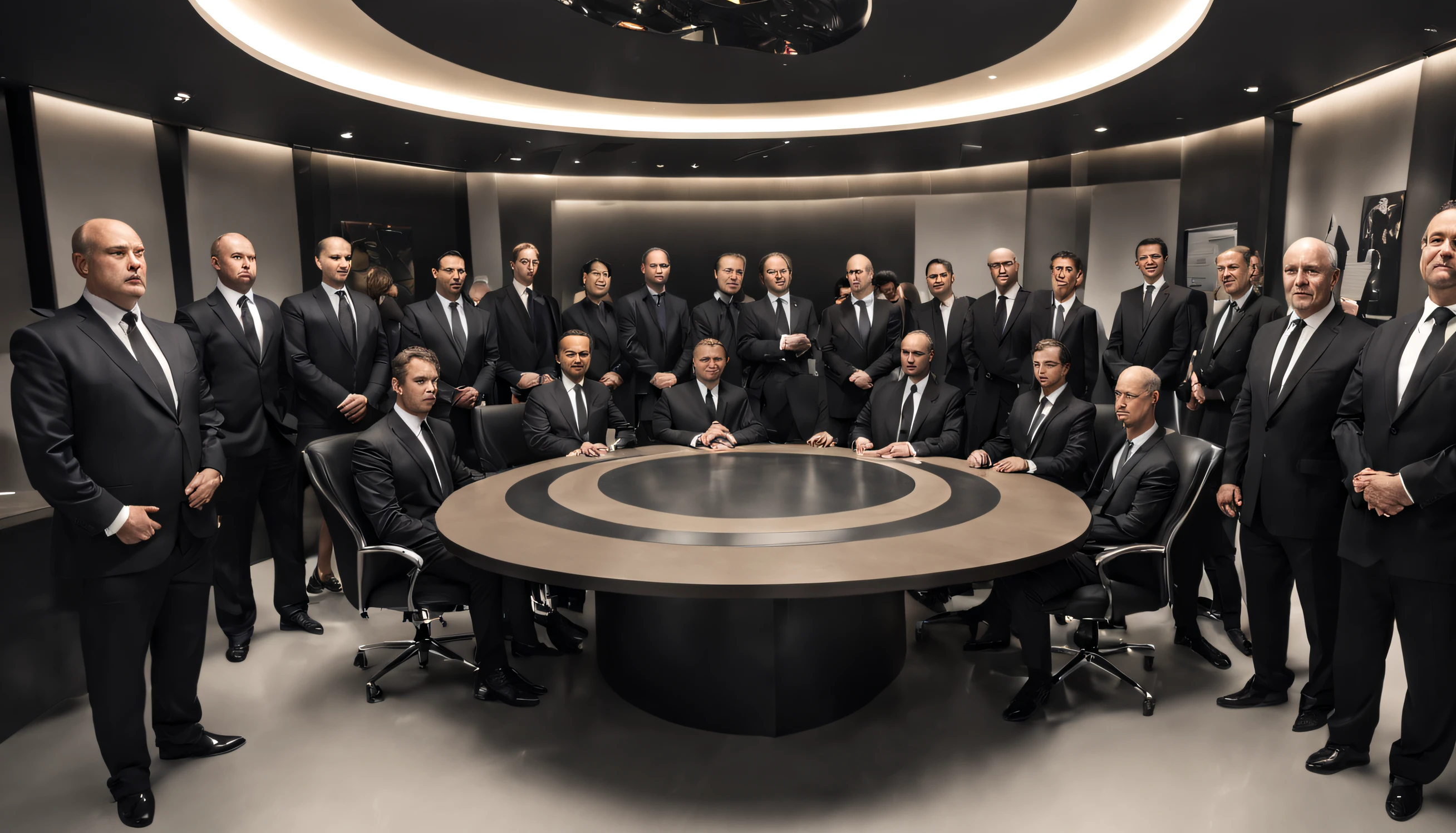 A fancy office with a big table in the middle and many men in black suit are sitting around it , facing the camera