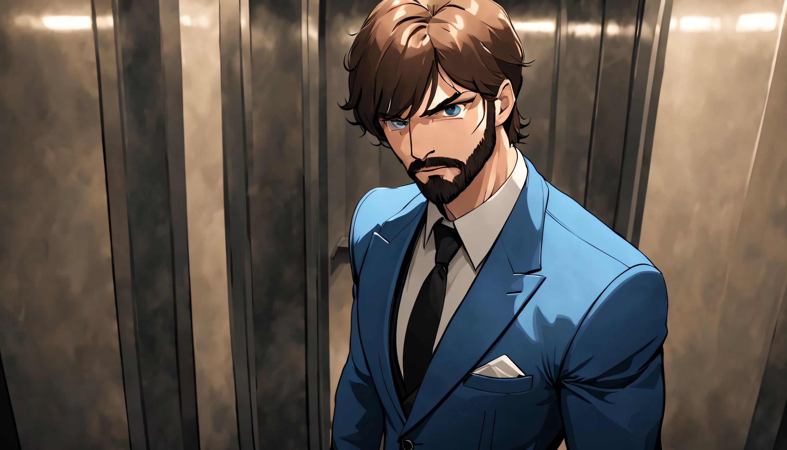 up close only one young student named (((argo))) ((athletic)),muscular, with brown beard and hair, blue eyes, (strong, masculine), blue suit, Is standing in a expensive mafia office, ((looking scared)), is in a elevator looking directly into the camera standing in a military stance, (Cartoon style), (small eyes)