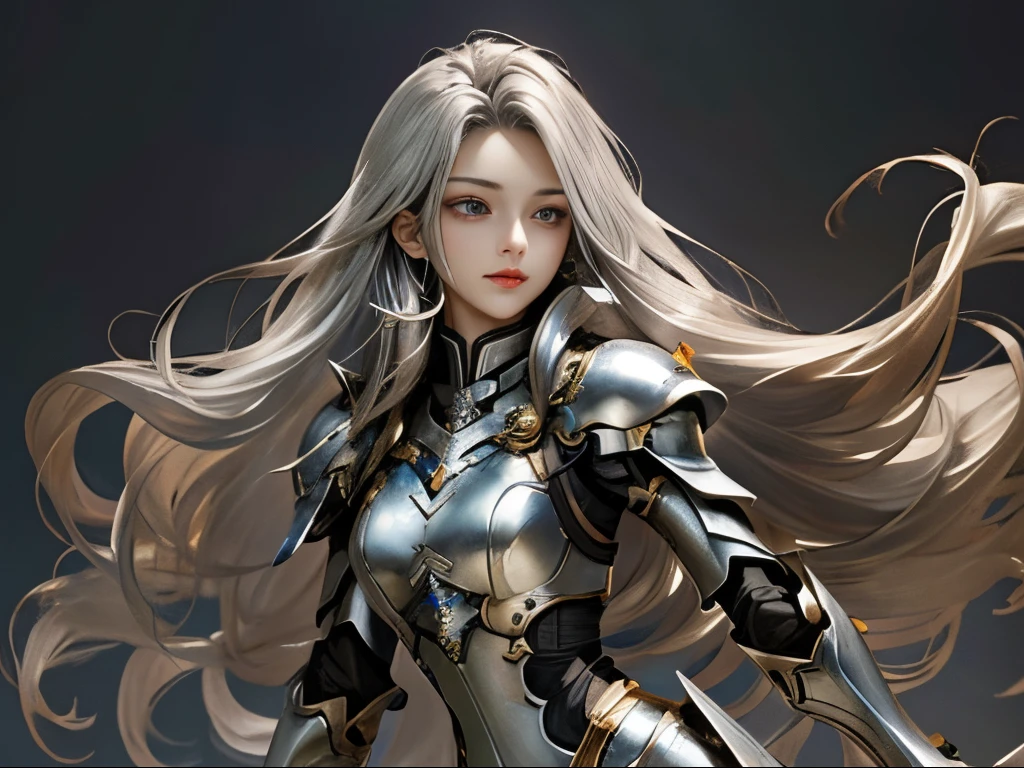 woman with long curly silver hair、Beautuful Women、Super small breasts、Super slender body、Brace yourself to start running、wearing white metal armor、