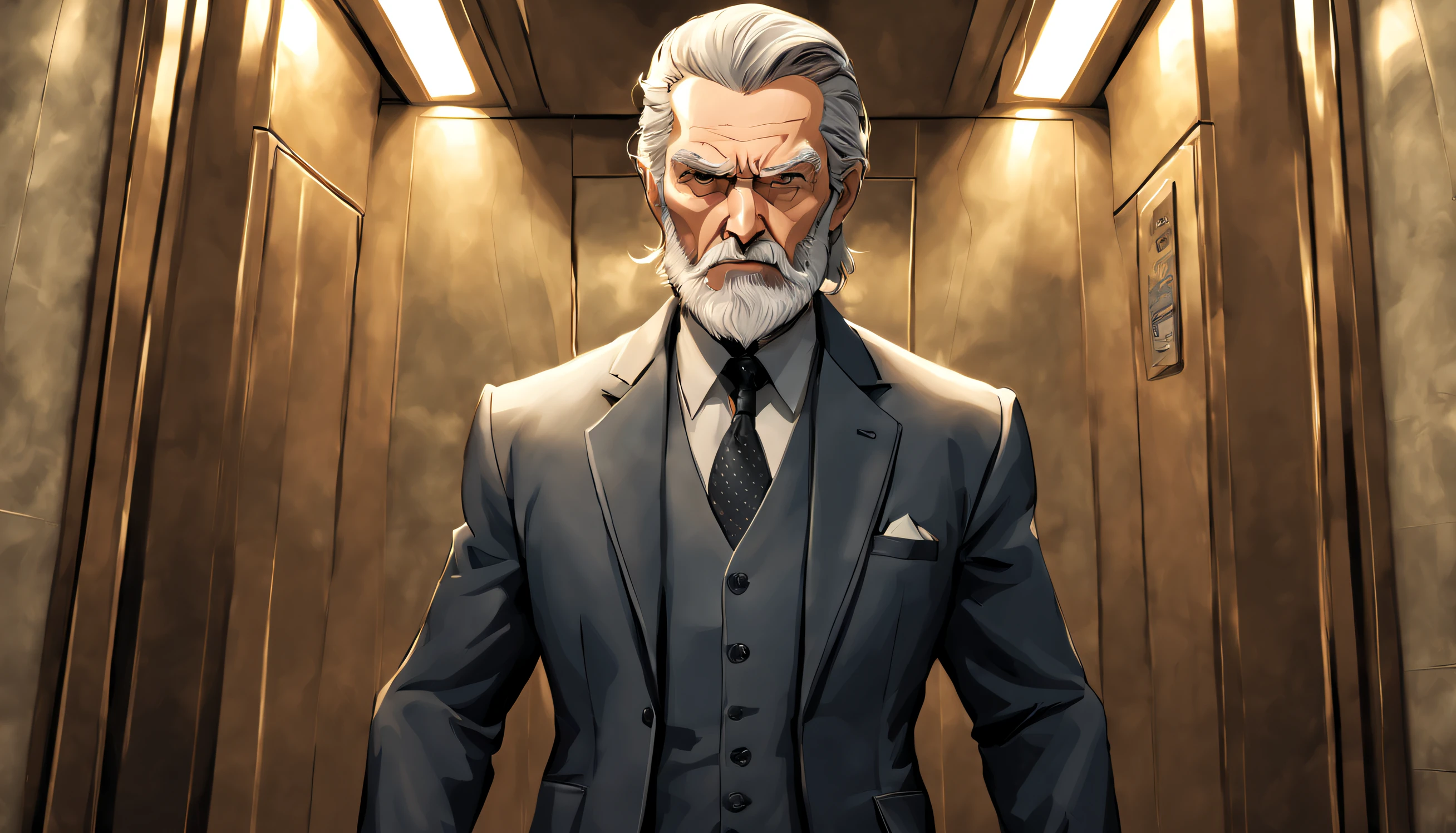 A master called (((Azok))) ,old, strong, bearded, grey suit, detailed face, gray hair and beard, intense gaze, commanding presence, wise expression, wrinkled skin, textured aging, confident posture, firm stance is in a elevator looking directly into the camera standing in a military stance, (Cartoon style), (small eyes)