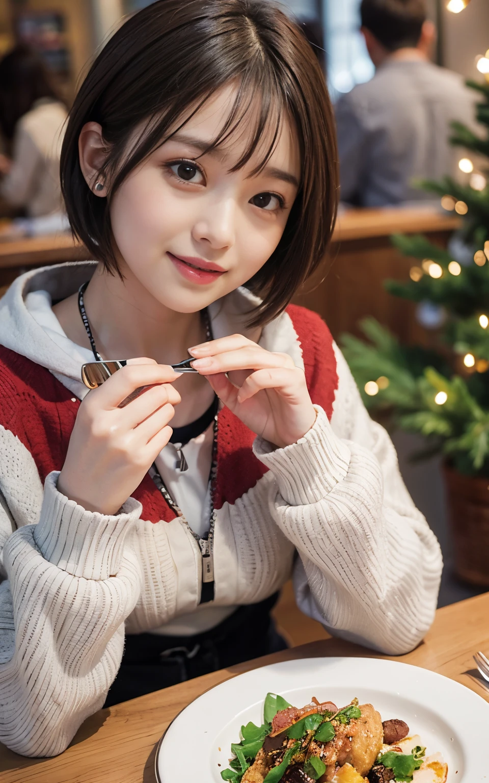 Female college student wearing cute winter clothes、Shortcut Hair、Enjoy a delicious dinner on a warm Christmas evening。Around her、Dining table glittering with Christmas decorations.、Creates a warm atmosphere。Smiling college girl、Holding a fork、Depicts people eating a special Christmas meal。.。.。The scent of dinner and the cold of winter mix together..、enjoy your time。