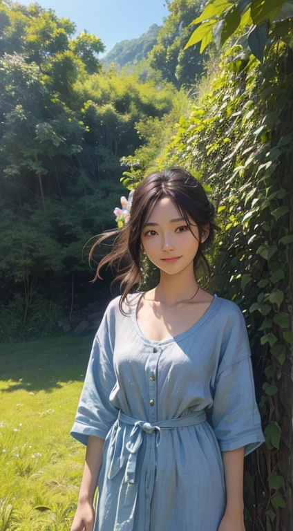 (Beautiful natural scenery:1.1), Blue background々An ancient grassland spreads out、Satoyama can be seen in the distance、the sky is clear。, (Massive landscape:0.9),  (Natural light:1.1), The sunlight falls on the beautiful woman&#39;s whole body、makes her shine even more。, She wears a wild costume made of linen like a primitive man., Looking at us with a front face, gentle and charming smile, (Sounds of nature:0.9), A refreshing breeze blows、The chirping of small birds is soothing。