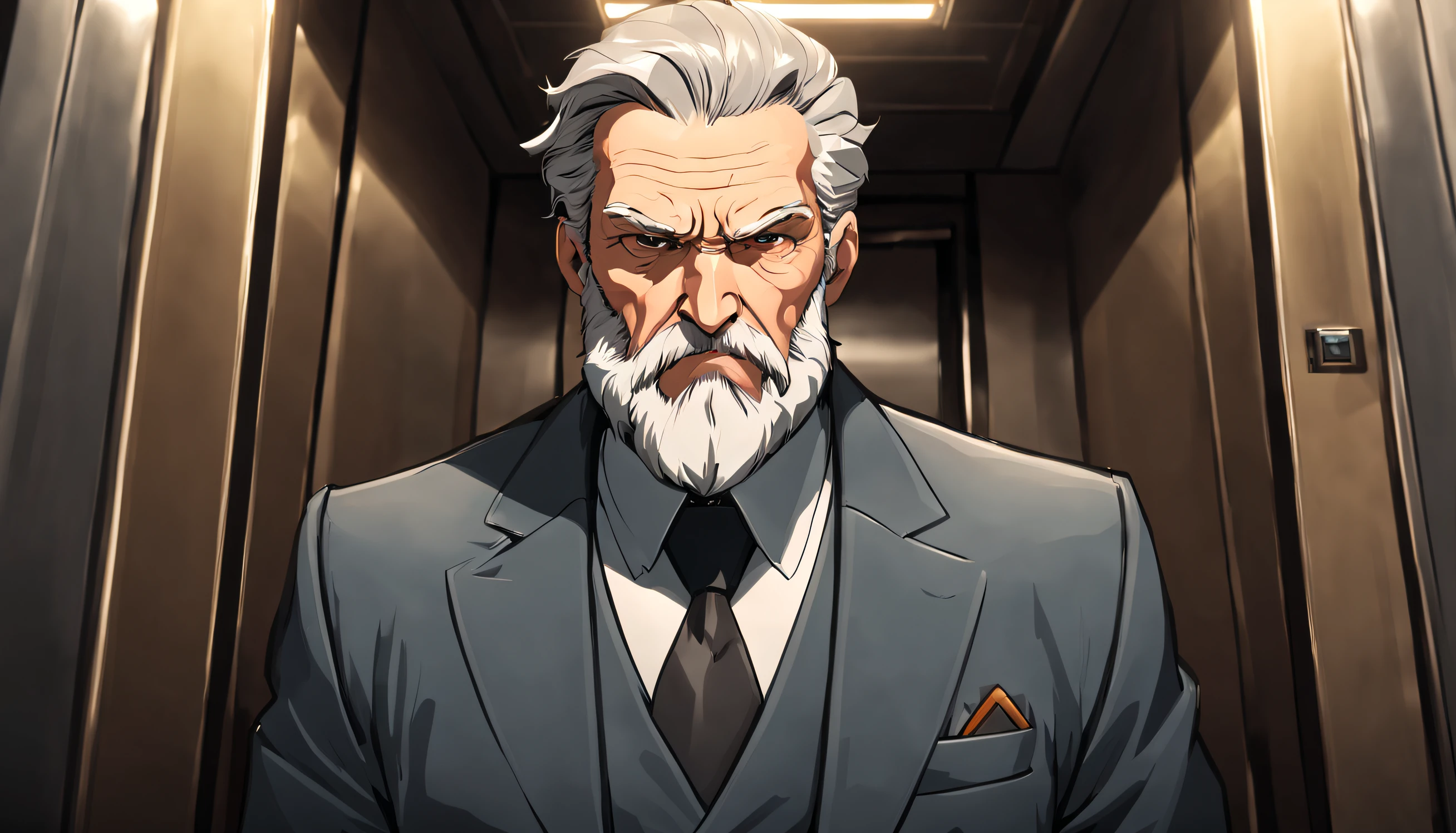 A master called (((Azok))) ,old, strong, bearded, grey suit, detailed face, gray hair and beard, intense gaze, commanding presence, wise expression, wrinkled skin, textured aging, confident posture, firm stance is in a elevator looking directly into the camera standing in a military stance, (Cartoon style), (small eyes)