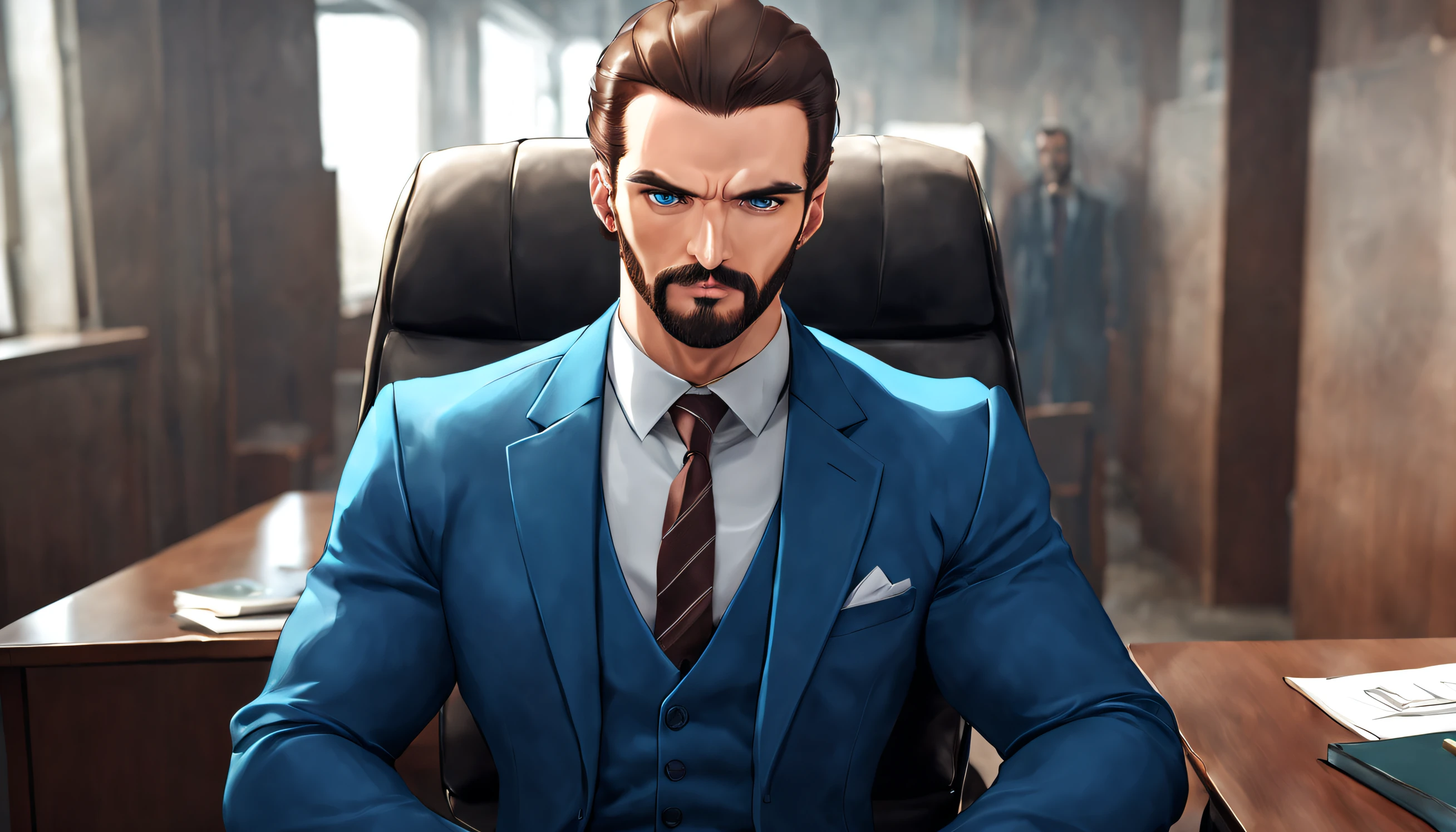 A young student named (((argo))) ((athletic)),muscular, with brown beard and slicked back hair, (intense, piercing) angry blue eyes, (strong, masculine), blue suit, thick neck is sitting in a expencive office