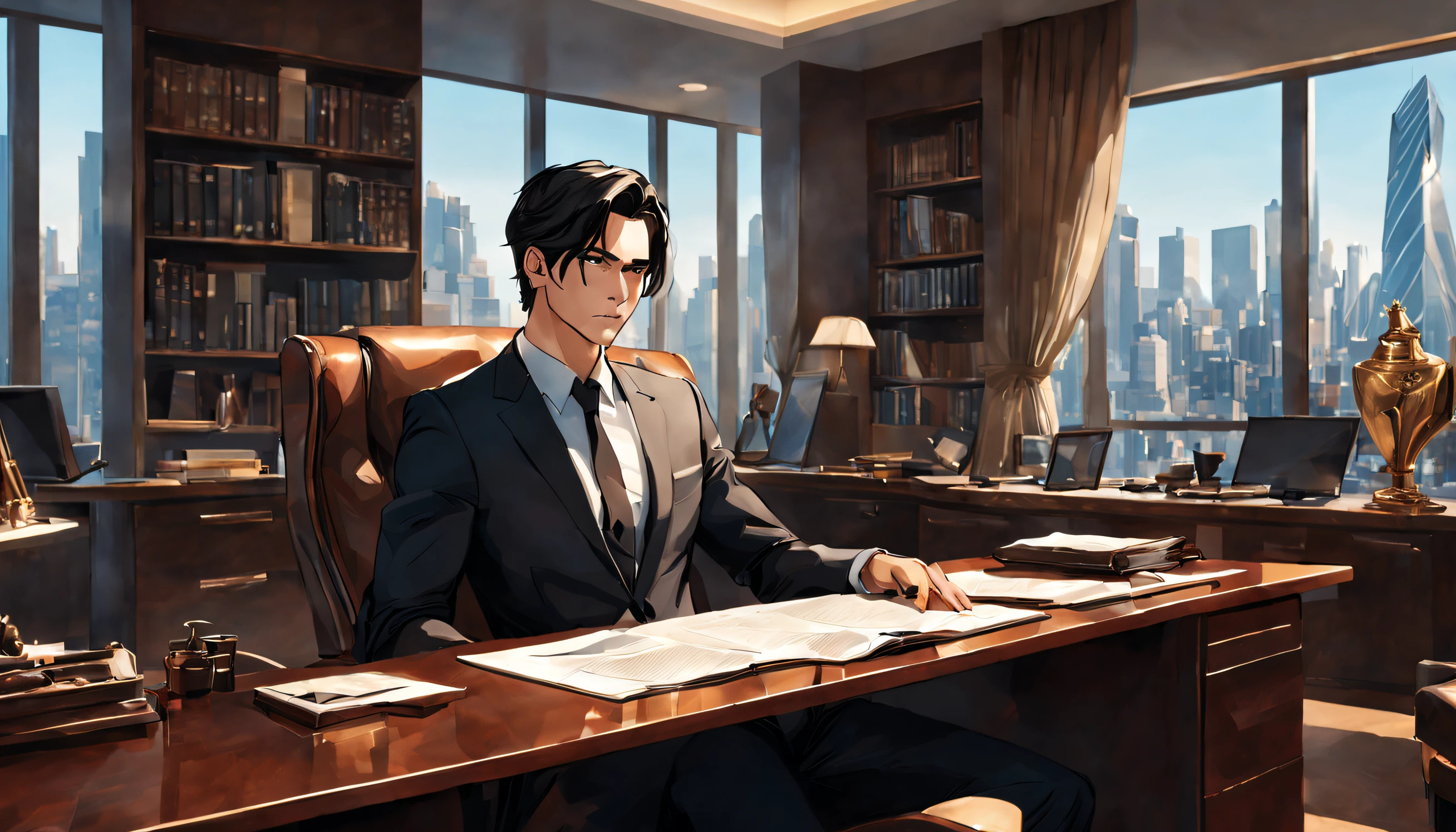 (a man named tomas) keeping a low profile, luxuriating in his prestigious office. [(expensive office, high-end office:1.2)] The room is adorned with exquisite artwork and luxurious furniture seen in the background. [men in black suits holding guns][Gentlemen in black suits, holding guns:1.1] accompany him, ensuring maximum security. The atmosphere is serious but leaves room for a touch of humor, resembling a (cartoon) setting. tomas's confident and intelligent gaze captures attention as his (detailed dark eyes) express determination and shrewdness. With every gesture, his (sharp facial features) embody power and authority. Even his (strictly styled black hair) adds to his professional and sophisticated appearance. The office itself boasts a clean and organized space, with shelves full of leather-bound books and polished awards that reflect tomas's achievements. The room is bathed in (soft warm lighting) that illuminates the scene with a touch of elegance. tomas's sleek (expensive suit) fits perfectly, accentuating his well-built physique. His (tailored shirt) adds a subtle touch of color, matching his (elegant tie) that exudes professionalism. On his left hand, an (expensive watch) glimmers, highlighting his attention to detail and status. As tomas sits comfortably in his (ergonomic leather chair), he commands respect and confidence, epitomizing success and influence. The office window reveals a breathtaking (city skyline) view, symbolizing his vast connections and accomplishments. The artwork displayed represents both creativity and sophistication, ranging from classical paintings to modern abstract pieces, reflecting tomas's diverse interests. Each painting adds depth and character to the room. The (vivid colors) present throughout the scene enhance the overall aesthetic appeal, creating a vibrant and dynamic atmosphere. With each detail (ultra-detailed), the image becomes more realistic and visually appealing, as if it were a (best quality masterpiece).