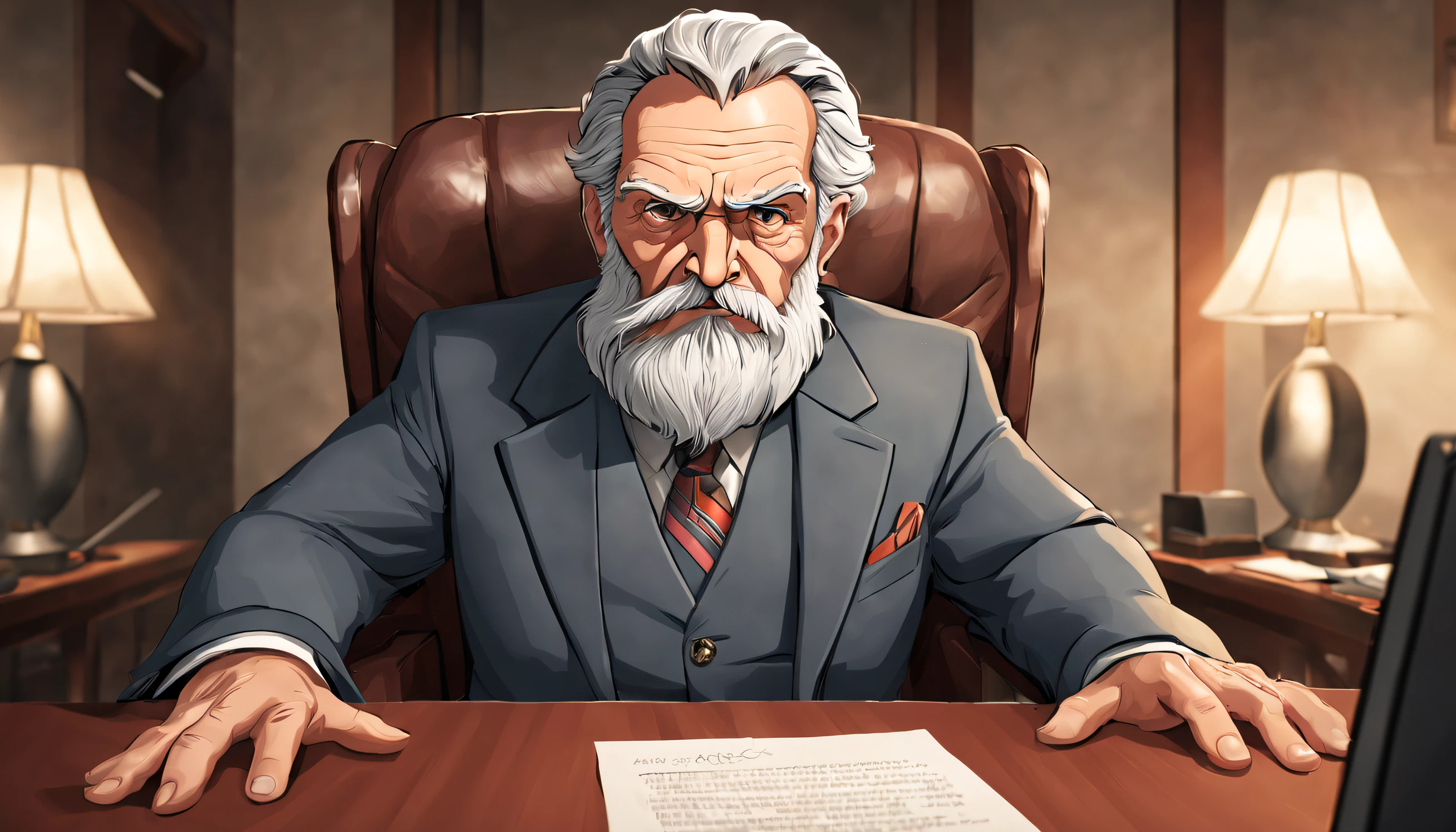 A master called (((Azok))) ,old, strong, bearded, grey suit, detailed face, gray hair and beard, intense gaze, commanding presence, wise expression, wrinkled skin, textured aging, confident posture, firm stance is sitting in a expencive office((cartoon))