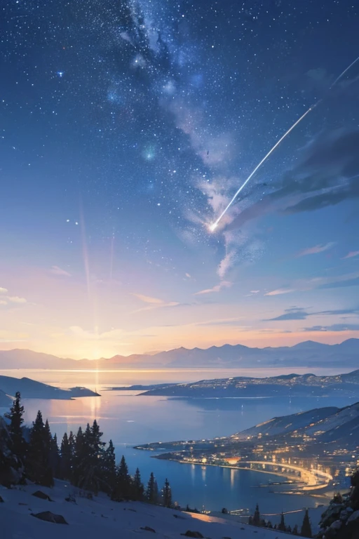 wide sky: Show me the endless night sky, Allow stars and meteors to take up most of the composition.., Dynamic meteors: Capture the movement and energy of meteors, sweeping through the sky., Create a sense of movement and surprise., Tranquil landscapes: Consider adding serene landscaping., For example, distant mountains or calm bodies of water., Enhances the feeling of peace and quiet.