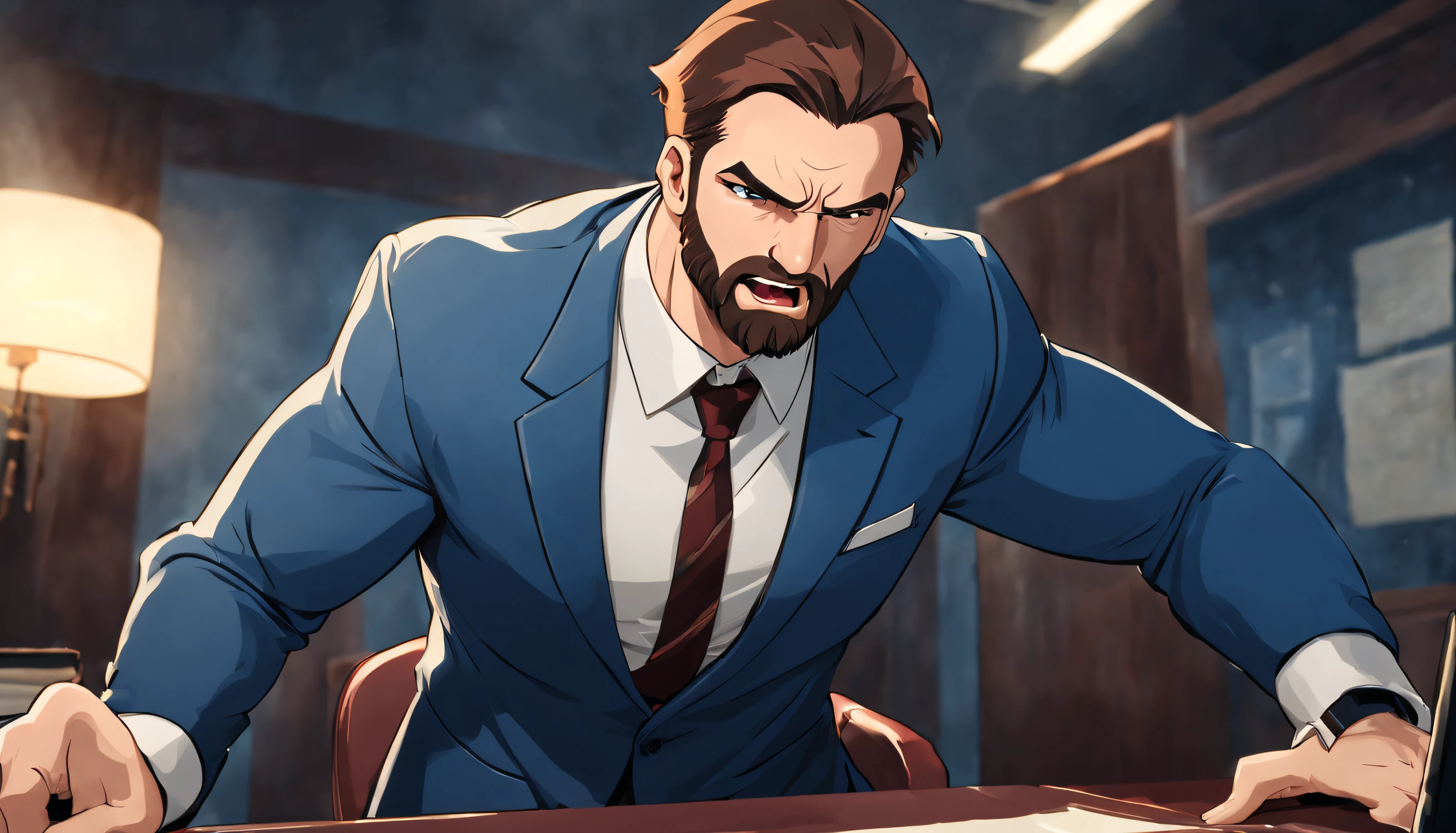 A young student named ((((argo)))) ((athletic)),muscular, with brown beard and slicked back hair, (intense, piercing) angry eyes, (strong, masculine), blue suit, thick neck ((cartoon))
is in a expensive elegant office at night shooting a gun and screaming