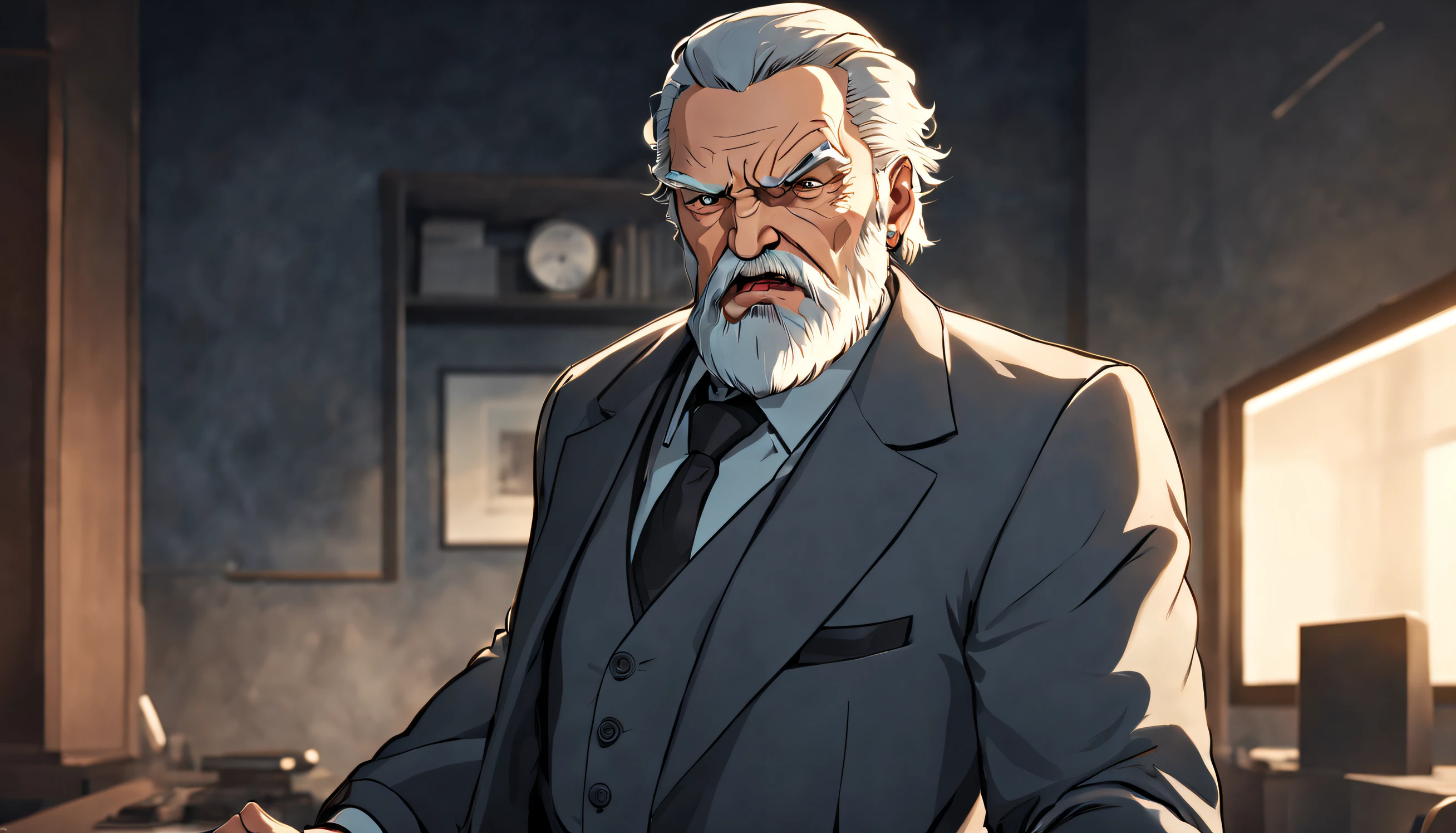 A master called ((((Azok)))) ,old, strong, bearded, grey suit, detailed face, gray hair and beard, intense gaze, commanding presence, wise expression, wrinkled skin, textured aging, confident posture, firm stance ((cartoon))  is in a expensive elegant office at night shooting a gun and screaming