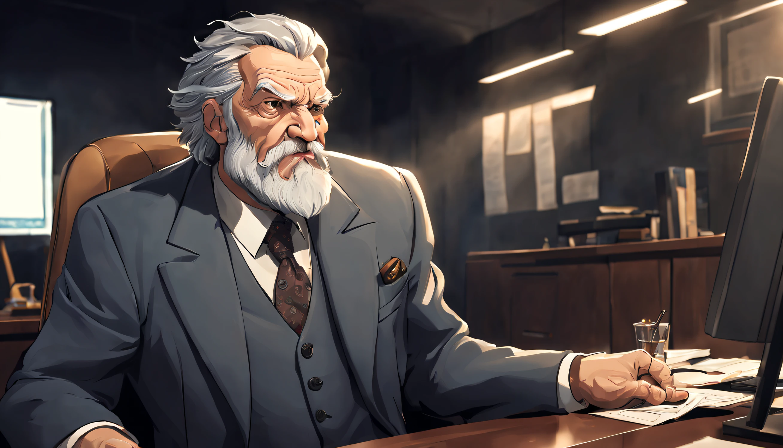 A master called ((((Azok)))) ,old, strong, bearded, grey suit, detailed face, gray hair and beard, intense gaze, commanding presence, wise expression, wrinkled skin, textured aging, confident posture, firm stance ((cartoon))  is in a expensive elegant office at night shooting a gun and screaming