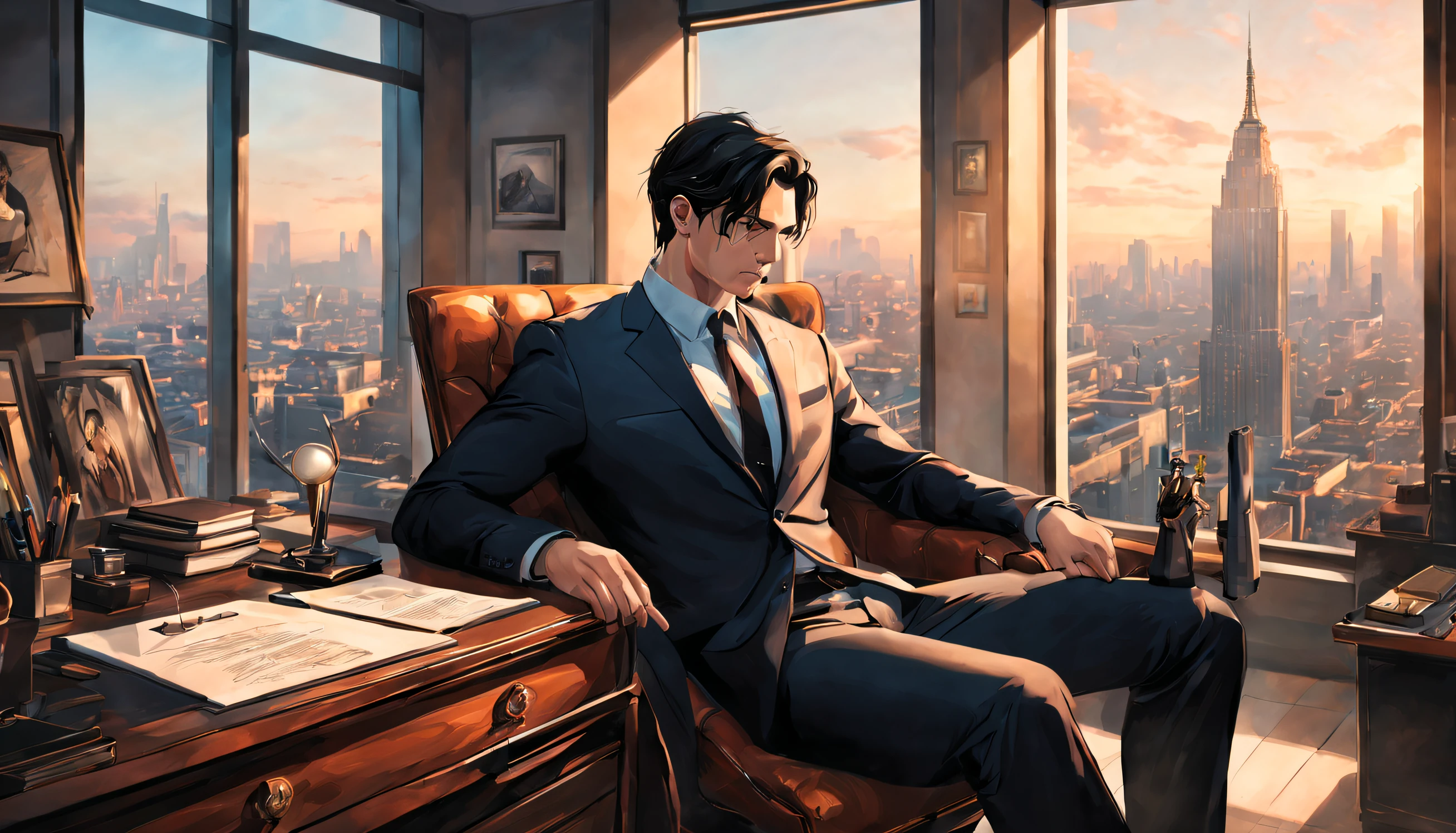 (a man named tomas) keeping a low profile, luxuriating in his prestigious office. [(expensive office, high-end office:1.2)] The room is adorned with exquisite artwork and luxurious furniture seen in the background. [men in black suits holding guns][Gentlemen in black suits, holding guns:1.1] accompany him, ensuring maximum security. The atmosphere is serious but leaves room for a touch of humor, resembling a (cartoon) setting. tomas's confident and intelligent gaze captures attention as his (detailed dark eyes) express determination and shrewdness. With every gesture, his (sharp facial features) embody power and authority. Even his (strictly styled black hair) adds to his professional and sophisticated appearance. The office itself boasts a clean and organized space, with shelves full of leather-bound books and polished awards that reflect tomas's achievements. The room is bathed in (soft warm lighting) that illuminates the scene with a touch of elegance. tomas's sleek (expensive suit) fits perfectly, accentuating his well-built physique. His (tailored shirt) adds a subtle touch of color, matching his (elegant tie) that exudes professionalism. On his left hand, an (expensive watch) glimmers, highlighting his attention to detail and status. As tomas sits comfortably in his (ergonomic leather chair), he commands respect and confidence, epitomizing success and influence. The office window reveals a breathtaking (city skyline) view, symbolizing his vast connections and accomplishments. The artwork displayed represents both creativity and sophistication, ranging from classical paintings to modern abstract pieces, reflecting tomas's diverse interests. Each painting adds depth and character to the room. The (vivid colors) present throughout the scene enhance the overall aesthetic appeal, creating a vibrant and dynamic atmosphere. With each detail (ultra-detailed), the image becomes more realistic and visually appealing, as if it were a (best quality masterpiece).