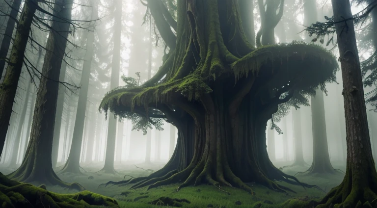 Door in a giant tree (Opening to a charming and bright world). Forest of majestic trees, colossal roots, Surrounded by fog, woods, overgrown with moss and giant and twisting trees, Gloomy and disturbing. Misty Wood, Trees with a mystical aura, Sun light, seeping through the fog, Mysterious atmosphere, Spotted light, Purple fog, Ethereal landscape, creepy ambiance, Bright green moss, thick fog, Hidden paths, Morning fog, soft colors, Wind noise, bewitching beauty, surreal and fabulous, quiet and unharmed, Breathtaking and mesmerizing images