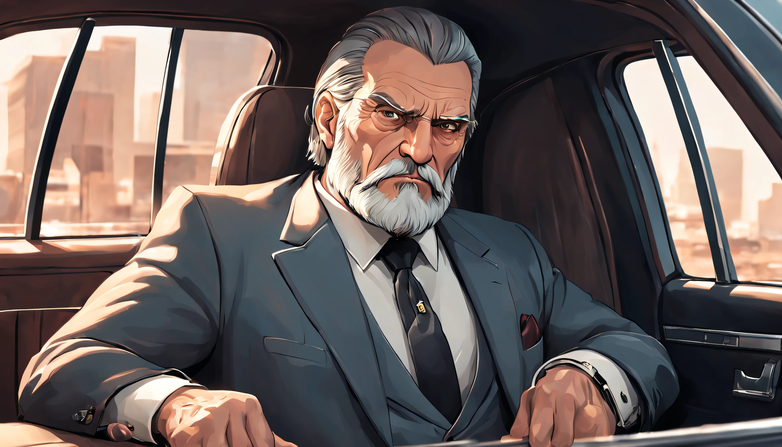 A mafia boss called ((((Azok)))) ,old, strong, bearded, grey suit, detailed face, gray hair and beard, intense gaze, commanding presence, wise expression, wrinkled skin, textured aging, confident posture, firm stance ((cartoon))
is sitting in the back of a car