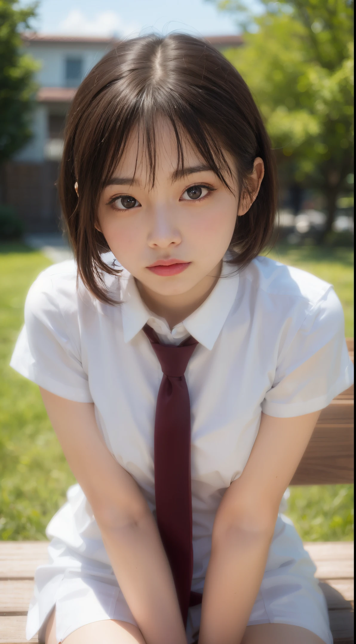 (8K、top-quality、​masterpiece:1.2)、(reallistic、Photorealsitic:1.2)、 sitting on、(((pantyshot)))、(((Spread your legs apart)))、独奏、‎Classroom、watching at viewers、(Sit up:1.5)、In the school、large full breasts、Fine and beautiful eyes、)、(Dark blonde hair:1)、(short-hair:1.1)、pantyshot, Spread your legs apart, skirt by the, student clothes, white  panties, sockes, A dark-haired, The shirt, bblurry, blurry backround, knee high, white  shirt, lowfers, life-like, length hair, s lips, Brown-eyed, Black socks, neck tie, pleatedskirt, the bow, head rest, looking to side, plein air, Brown Footwear, ​masterpiece, top-quality, ultra-detailliert、(((pantyshot)))、(((Spread your legs apart)))、Emphasizes cleavage、(((、mekosji)))