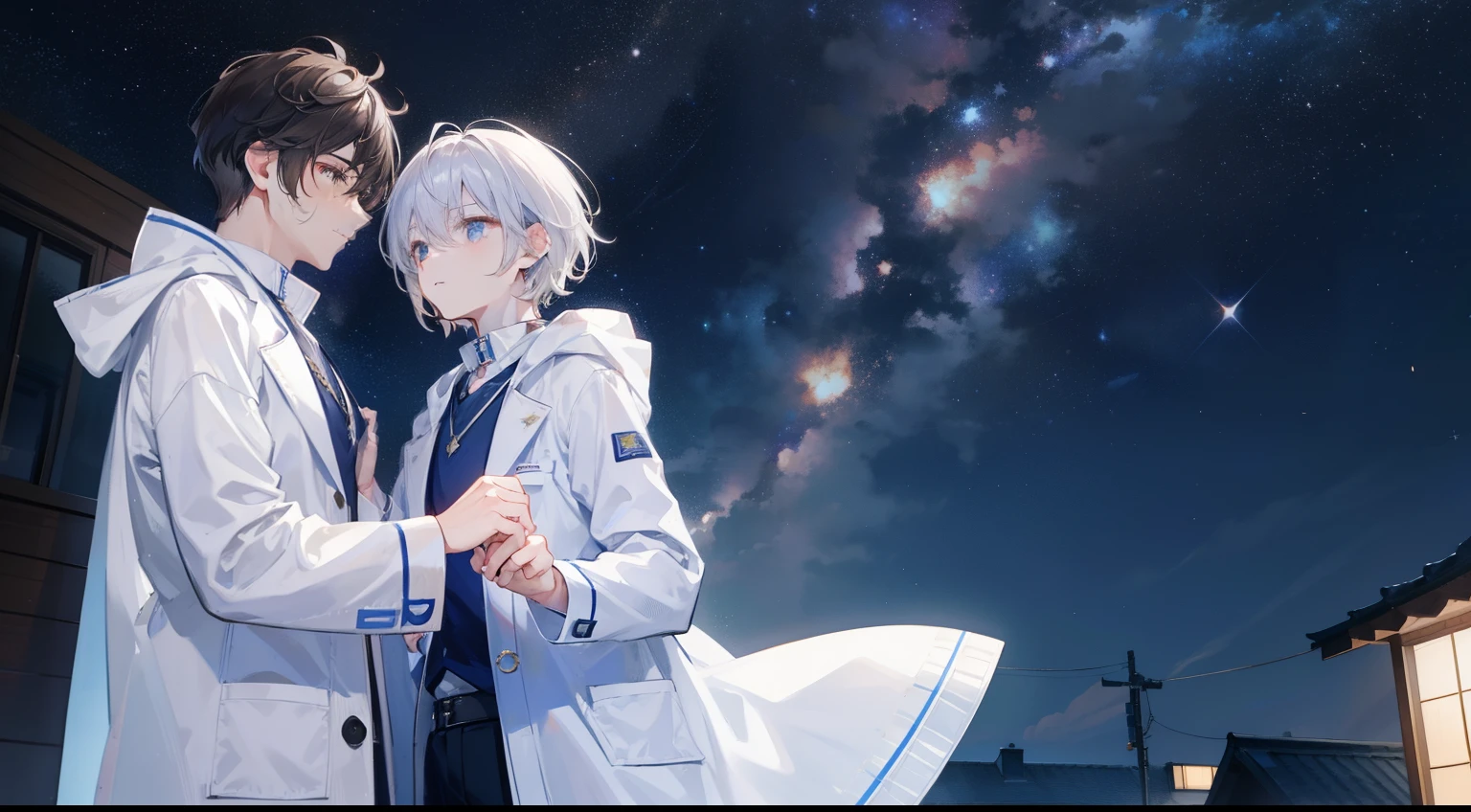 Starry Night, two men talking on the roof. One is a young male doctor with short brown hair wearing a white coat.。, The other is a male patient with short silver hair..