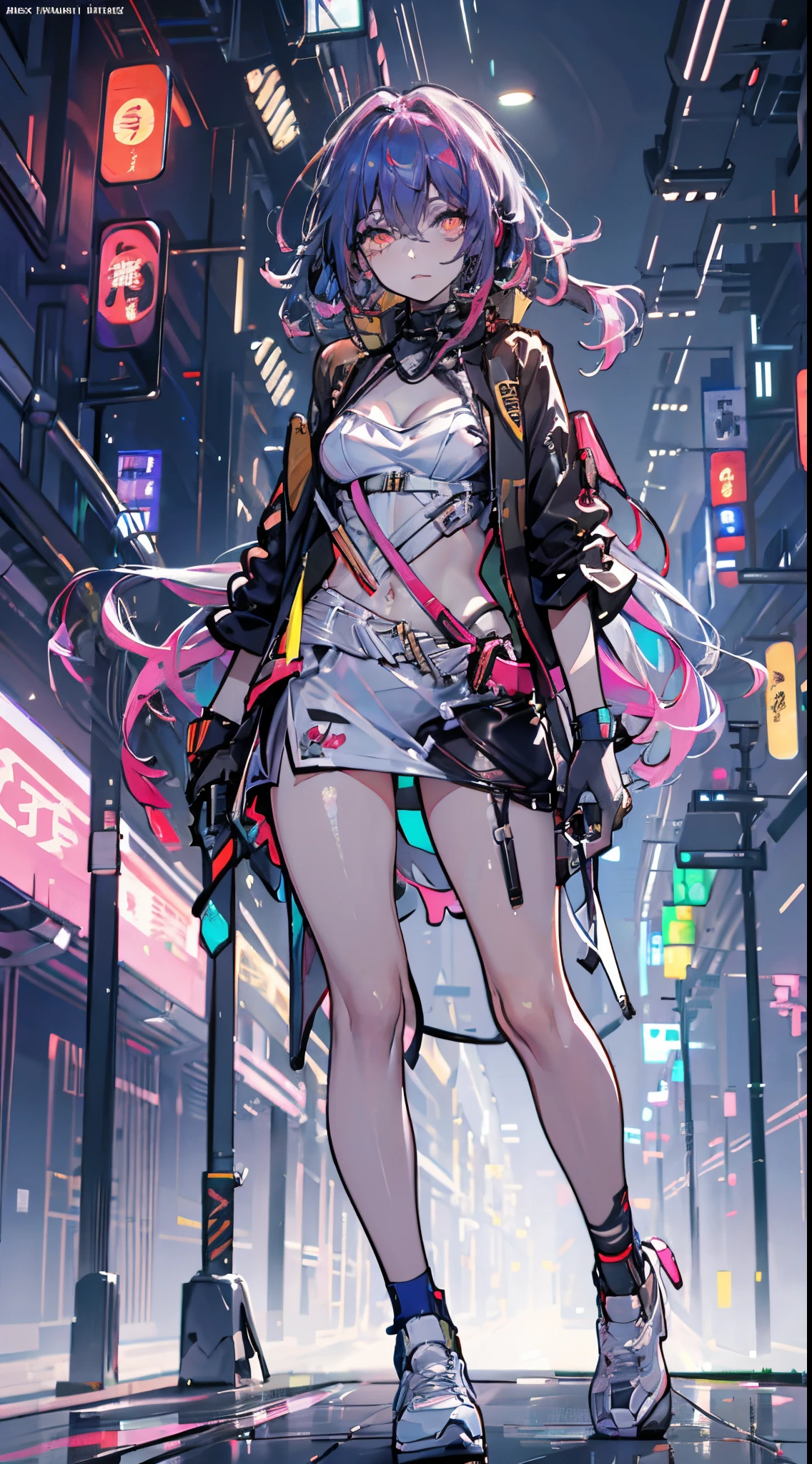 glowing eyes, colourful glowing hair, wearing sci-fi jacket, anime style, high detail, Futurism, glowing light, UHD, retina, masterpiece, ccurate, anatomically correct, textured skin, super detail, high details, high quality, award winning, best quality, highres