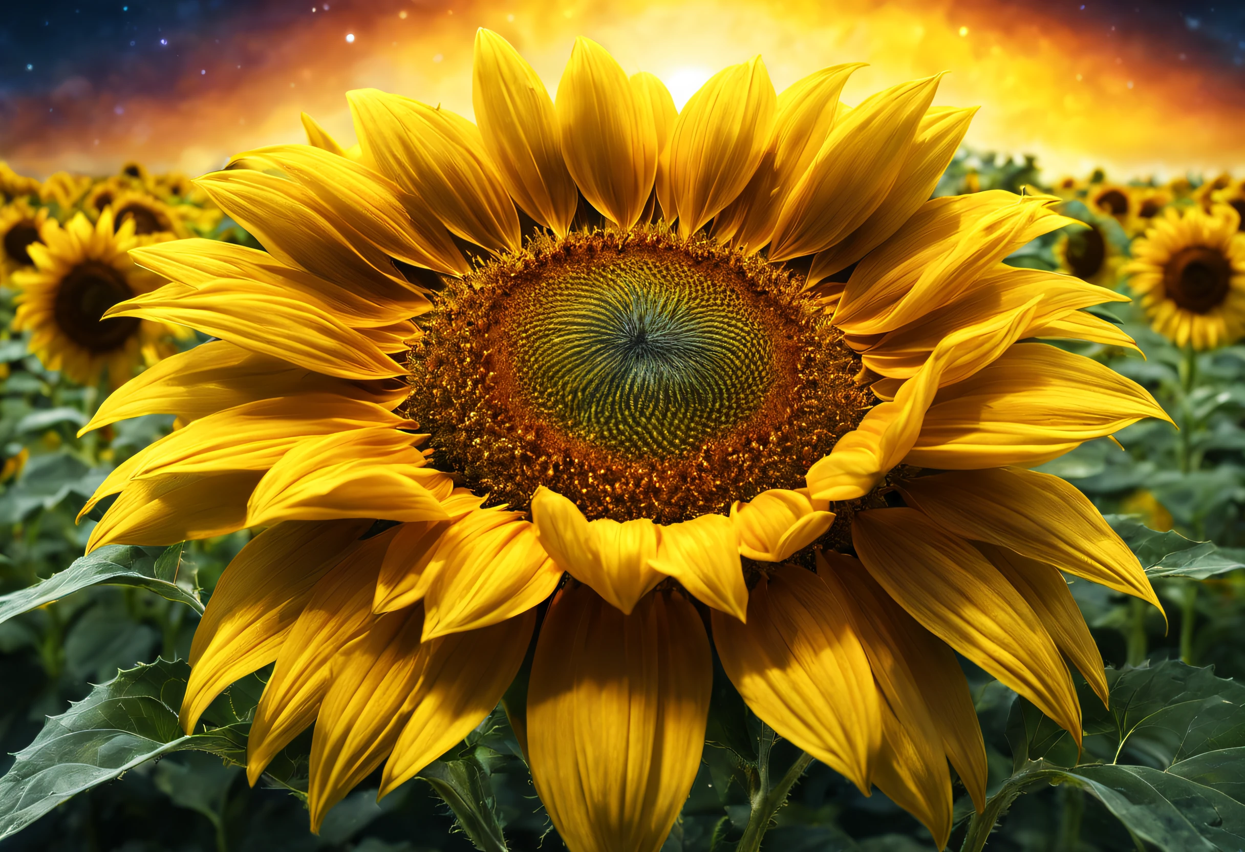 beautifully detailed sunflower-shaped planet, vibrant colors, highres, HDR, ultra-detailed, realistic, sci-fi, concept artists, vivid sunflower petals, glowing sunflower center, planetary landscape, soft sunlight, distant starry sky