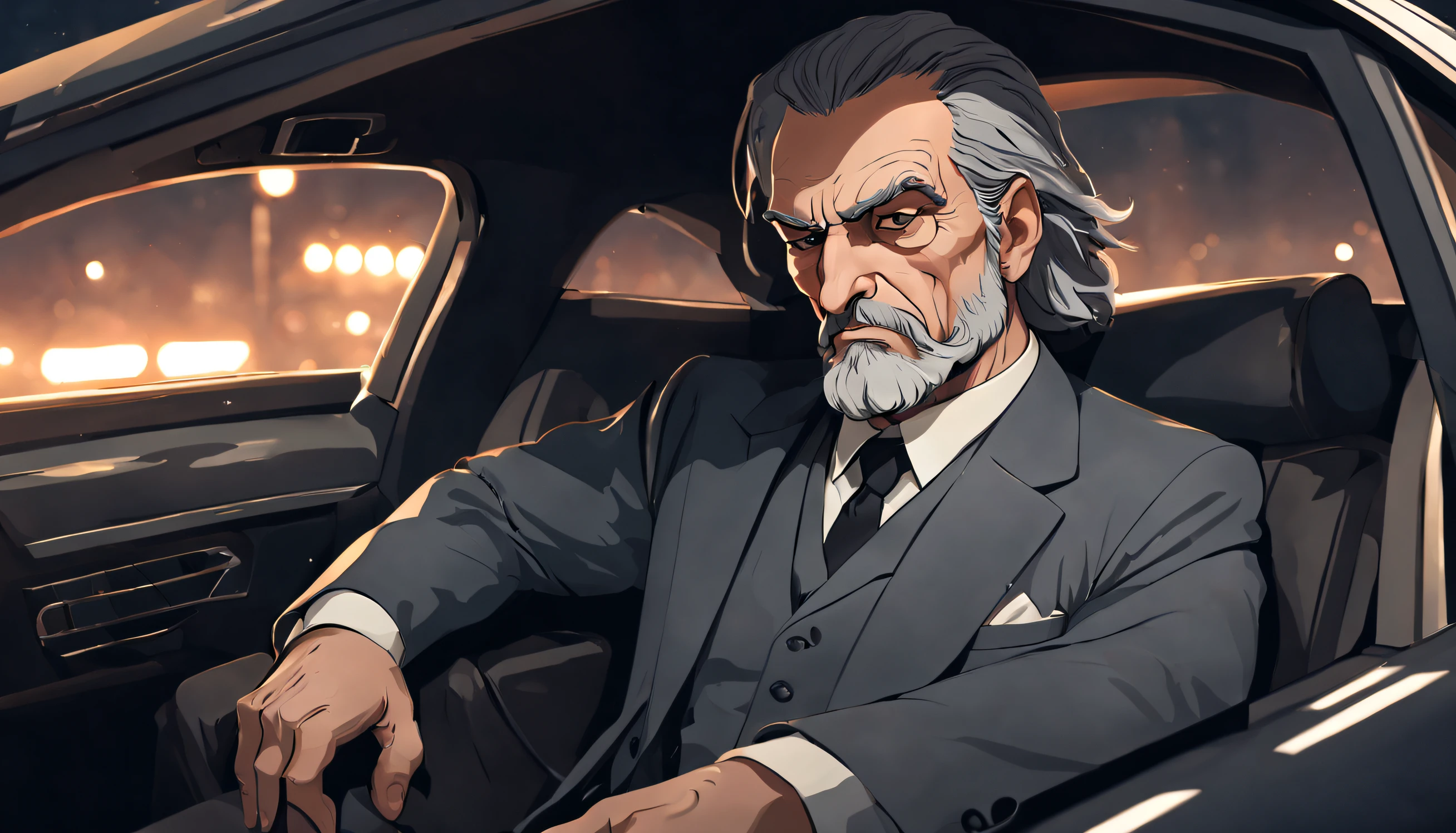 A mafia boss called ((((Azok)))) ,old, strong, bearded, grey suit, detailed face, gray hair and beard, intense gaze, commanding presence, wise expression, wrinkled skin, textured aging, confident posture, firm stance ((cartoon)) is sitting in the front of a car at night