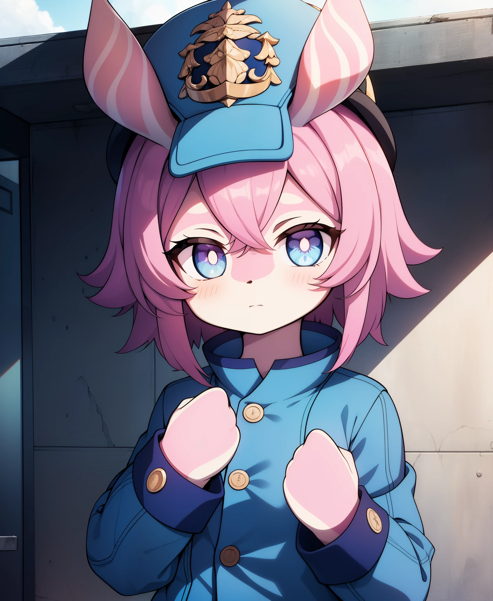 1girl, mlsn, pink fur, bob cut,pink hair, blue eyes, hat, coat, hands on own cheeks, upper body,