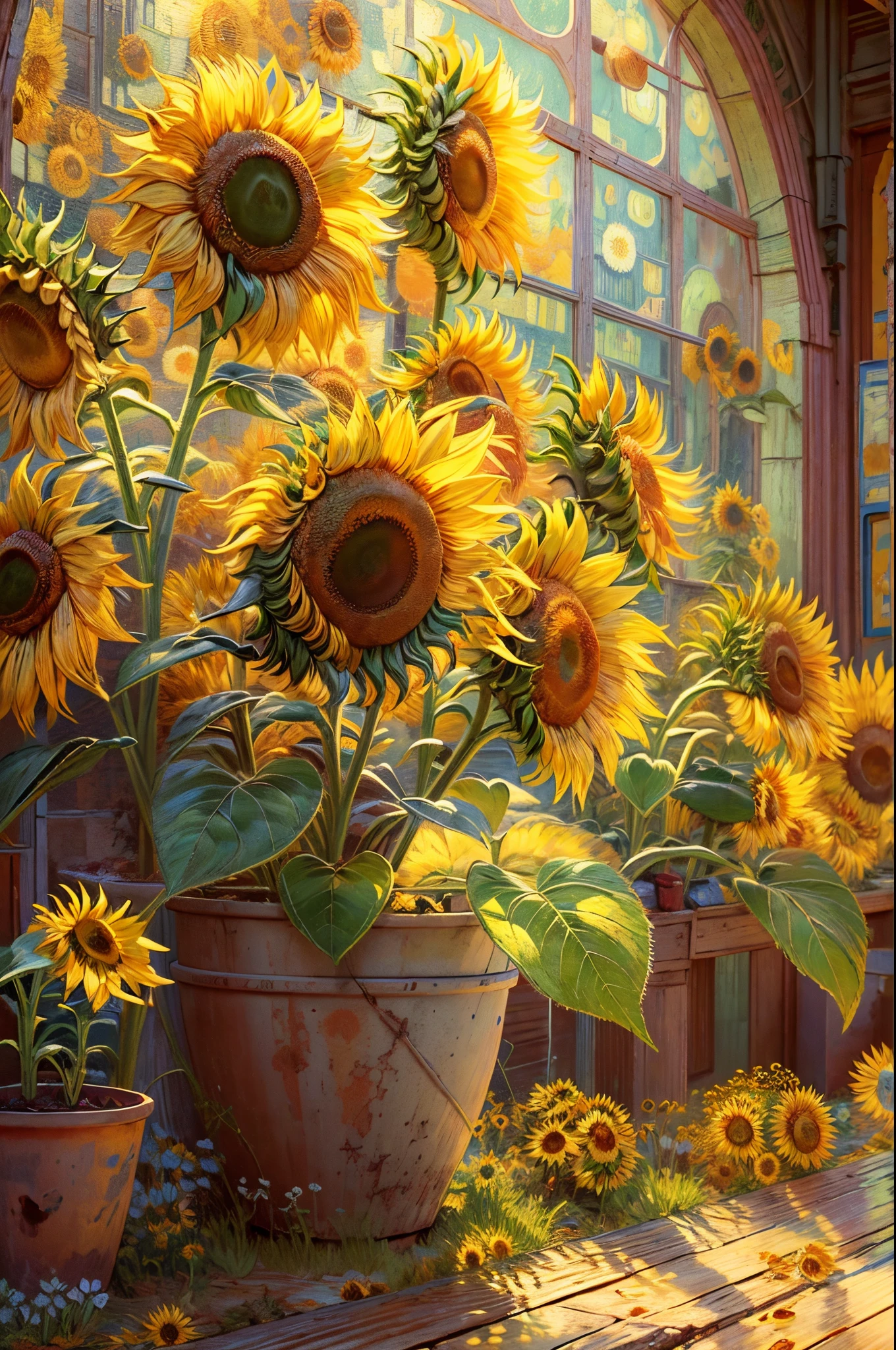 (tmasterpiece),(ultra - detailed:1.3),Best quality at best,(Sparkling:1.2),(dream garden:1.4),(Van Gogh style sunflowers: 1.5),(beautiful flowers in sunshine,Irridescent color,kawaii,cute big breasts, lovely stamens)), Illustration style, and decorations, Dream pastoral sunflower, Lovely design style,vibrant with colors、The color is just right,1.Realism increased by 4 times,hyper HD,Shown in this beautiful scene,(Very meticulous,Reasonable design,Clear lines,High- sharpness,tmasterpiece,offcial art,movie light effect,8K)