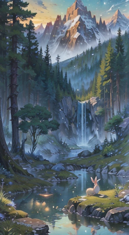 Two rabbits are sitting on the stones next to the ponds, beautiful illustration, anime beautiful peaceful scene, Иллюстрация обоев 4 K HD, Forest with bunnies, beautiful art uhd 4 k, anime fantasy illustration, 4 k hd illustrative wallpaper, Serene illustration, fairytale illustration, fantasy matte painting，Cute, Anime landscape wallpaper, whimsical fantasy landscape art,Moon HD soft