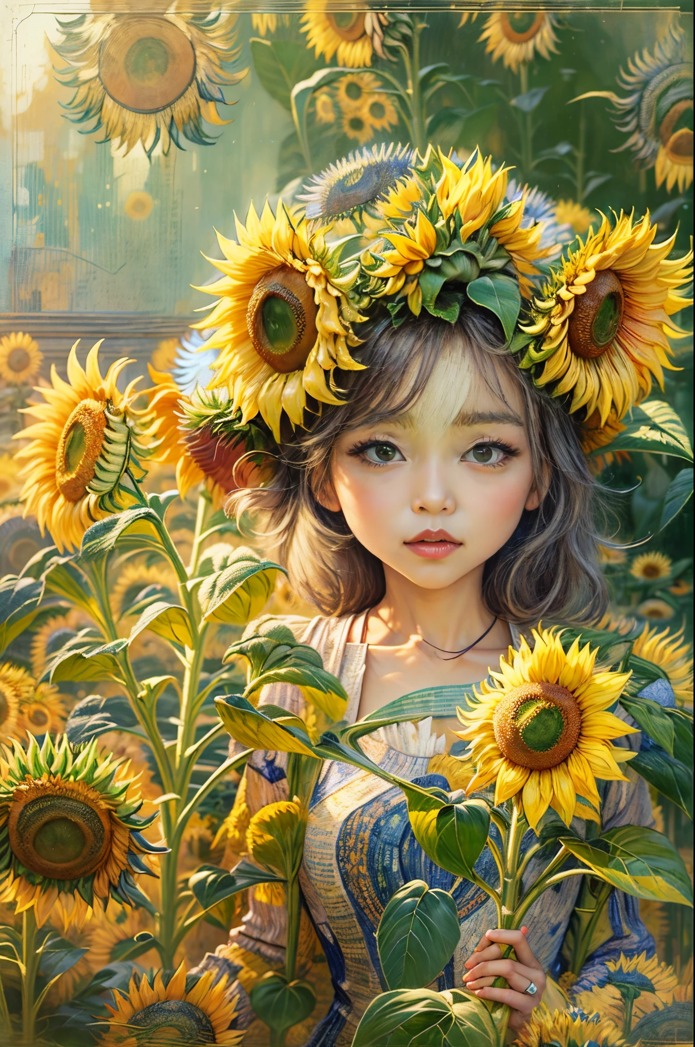 (tmasterpiece),（ultra - detailed：1.3），Best quality at best，（Sparkling:1.2），（dream garden:1.4），(Van Gogh style sunflowers: 1.5),（beautiful flowers in sunshine，Irridescent color，kawaii，cute big breasts, lovely stamens)), Illustration style, and decorations, Dream pastoral sunflower, Lovely design style，vibrant with colors、The color is just right，1.Realism increased by 4 times，hyper HD，Shown in this beautiful scene，（Very meticulous，Reasonable design，Clear lines，High- sharpness，tmasterpiece，offcial art，movie light effect，8K）