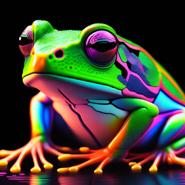 intricate and colorful, (digital painting:1.2) tree frog, bright neon skin, wet, portrait, concept art, octane render, trending on artstation, neon- background, iolibt, vfx, Blender and Photoshop, octane render, excellent composition, cinematic atmosphere, dynamic dramatic cinematic lighting, aesthetic, very inspirational, arthouse,(dark plain black background:1.4))