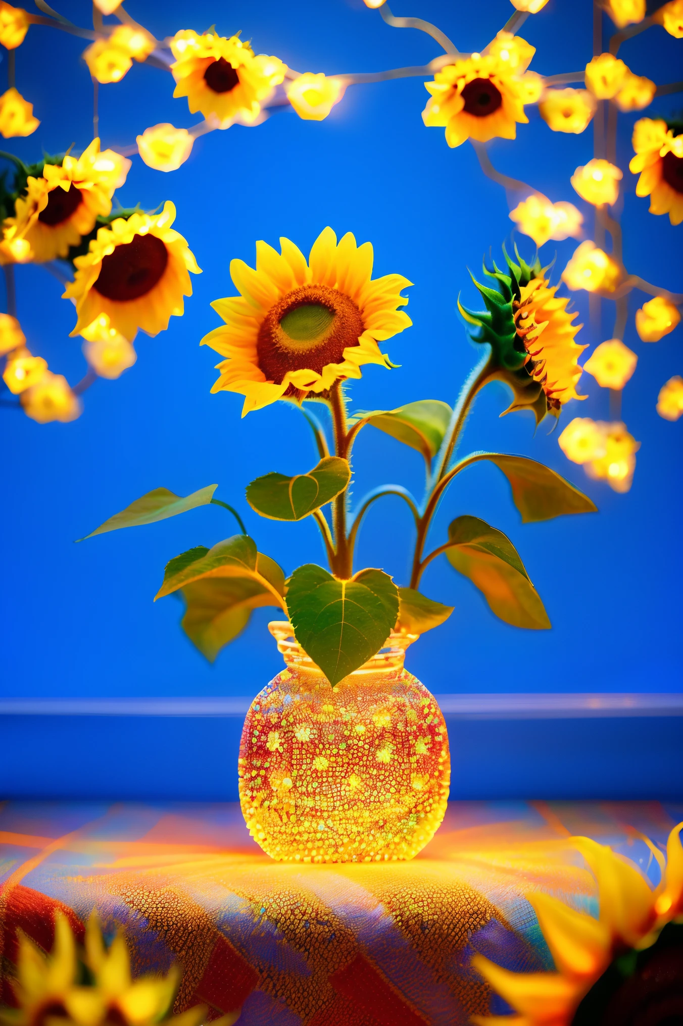 (1 glowing magical and lovely sunflower，The stamen is a cute little face)，8k，Irridescent color，kawaii，adolable，number art，high high quality，highly  detailed