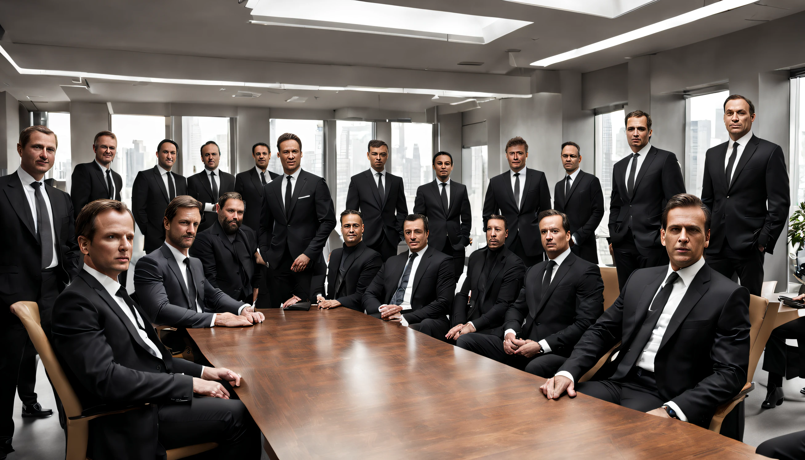 A fancy office with a big table in the middle and many men in black suit are sitting around it , facing the camera