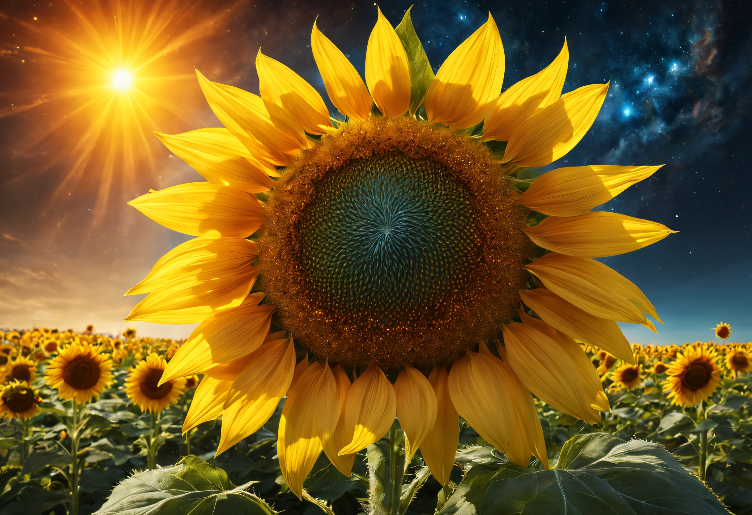 beautifully detailed sunflower-shaped planet, vibrant colors, highres, HDR, ultra-detailed, realistic, sci-fi, concept artists, vivid sunflower petals, glowing sunflower center, planetary landscape, soft sunlight, distant starry sky