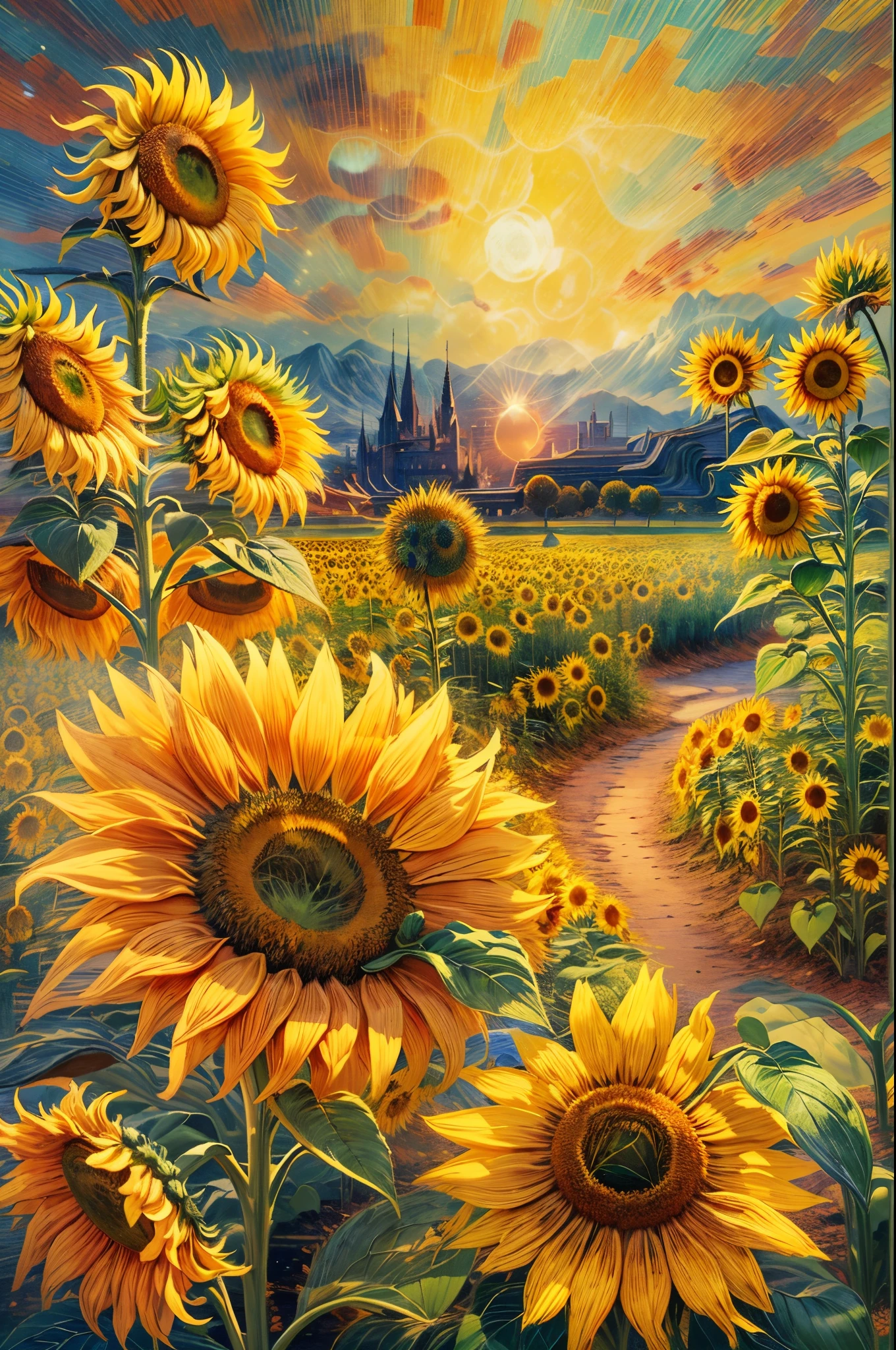(tmasterpiece),(ultra - detailed:1.3),Best quality at best,(Sparkling:1.2),(dream garden:1.4),(Van Gogh style sunflowers: 1.5),(beautiful flowers in sunshine,Irridescent color,kawaii,cute big breasts, lovely stamens)), Illustration style, and decorations, Dream pastoral sunflower, Lovely design style,vibrant with colors、The color is just right,1.Realism increased by 4 times,hyper HD,Shown in this beautiful scene,(Very meticulous,Reasonable design,Clear lines,High- sharpness,tmasterpiece,offcial art,movie light effect,8K)