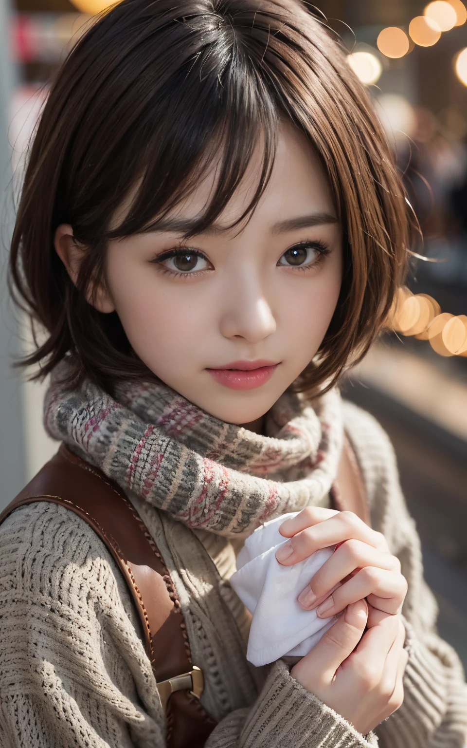 Cute 21 years old Japan、natta、Christmas、dinner、illuminations、garden、Super Detail Face、Eye of Detail、二重まぶた、beautiful thin nose、foco nítido:1.2、prety woman:1.4、(light brown hair,short cut hair, White skin、top-quality、发光、​masterpiece、超A high resolution、(Photorealsitic:1.4)、cute fancy red winter clothes、Check muffler、