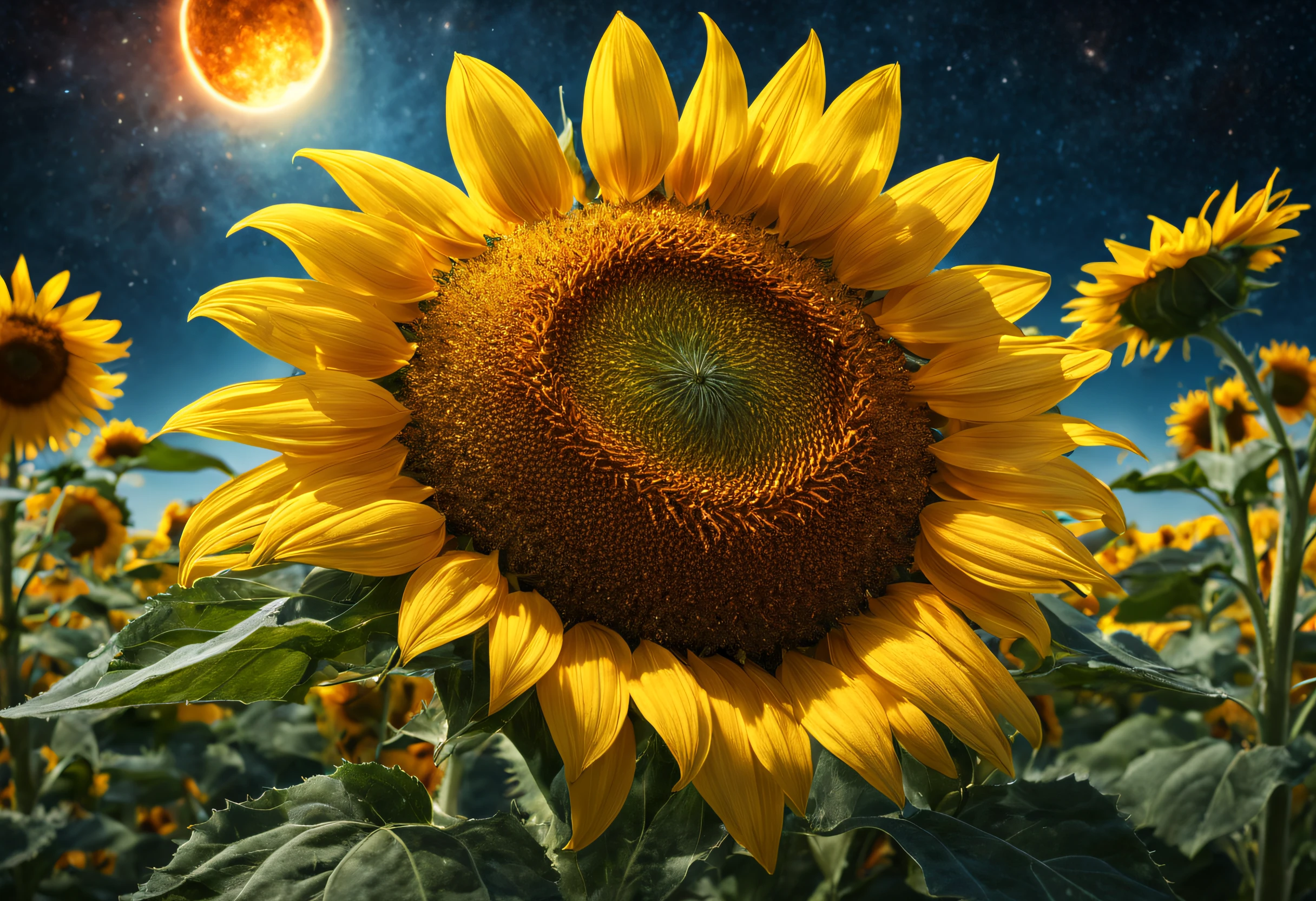 beautifully detailed sunflower-shaped planet, vibrant colors, highres, HDR, ultra-detailed, realistic, sci-fi, concept artists, vivid sunflower petals, glowing sunflower center, planetary landscape, soft sunlight, distant starry sky