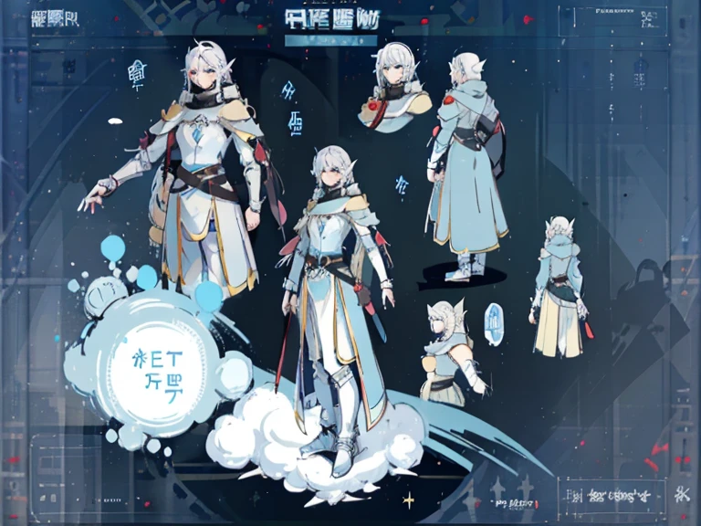 Video game character design, Drawing with Line Drawing, Multiple points of view, Best Quality,Masterpiece,hight resolution, elf, ((character concept art)), Video game character design, knight, ah high, grey skin