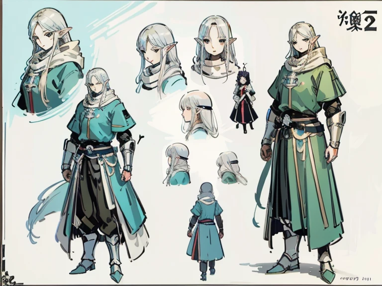 Video game character design, Drawing with Line Drawing, Multiple points of view, Best Quality,Masterpiece,hight resolution, elf, ((character concept art)), Video game character design, knight, ah high, grey skin