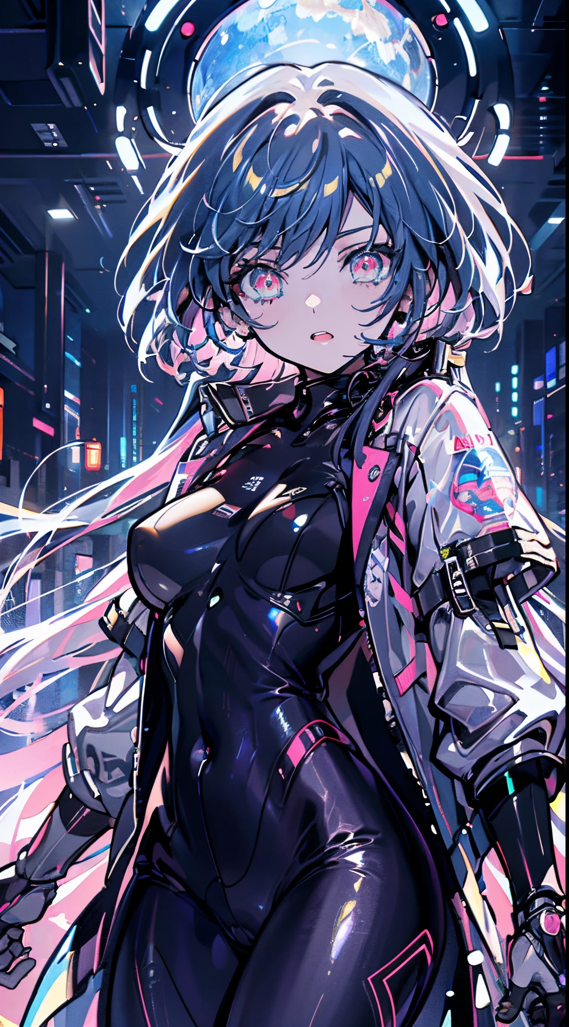 glowing eyes, colourful glowing hair, wearing sci-fi jacket, anime style, high detail, Futurism, glowing light, UHD, retina, masterpiece, ccurate, anatomically correct, textured skin, super detail, high details, high quality, award winning, best quality, highres