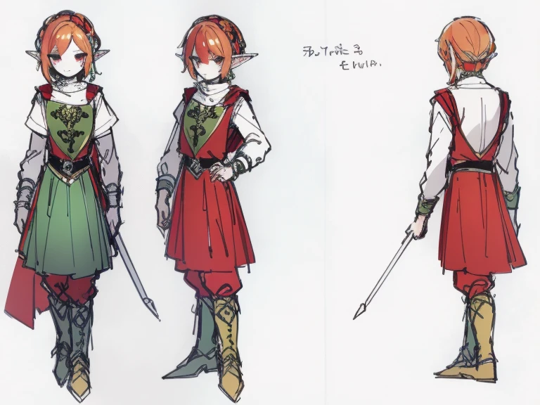 Video game character design, Drawing with Line Drawing, Multiple points of view, Best Quality,Masterpiece,hight resolution, elf, ((character concept art)), Video game character design, Detailed man with pale skin,Medium Hair, rogue, half-elf ,illustartion,Realistic,Harmonious colours,natural lighting, red vest, white shirt, Dark hair